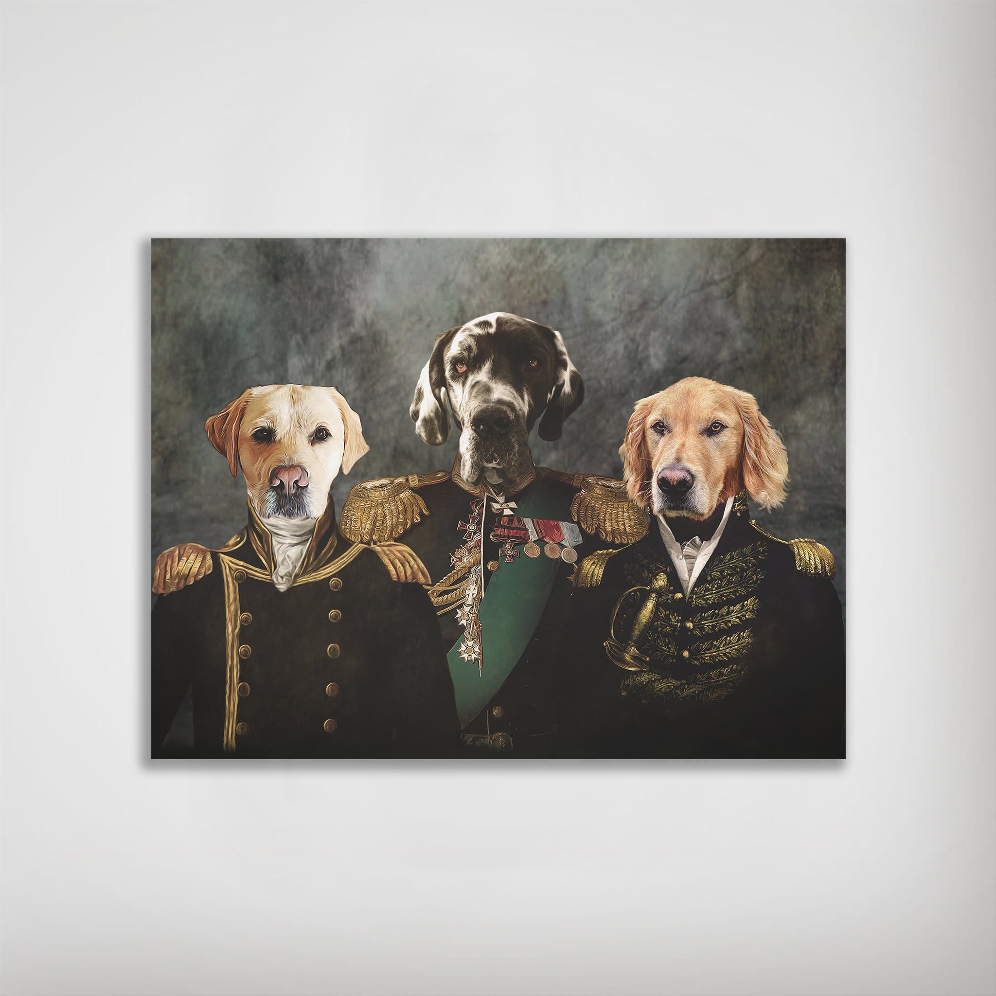 Personalized "The Brigade" poster featuring three pets in vintage military uniforms.