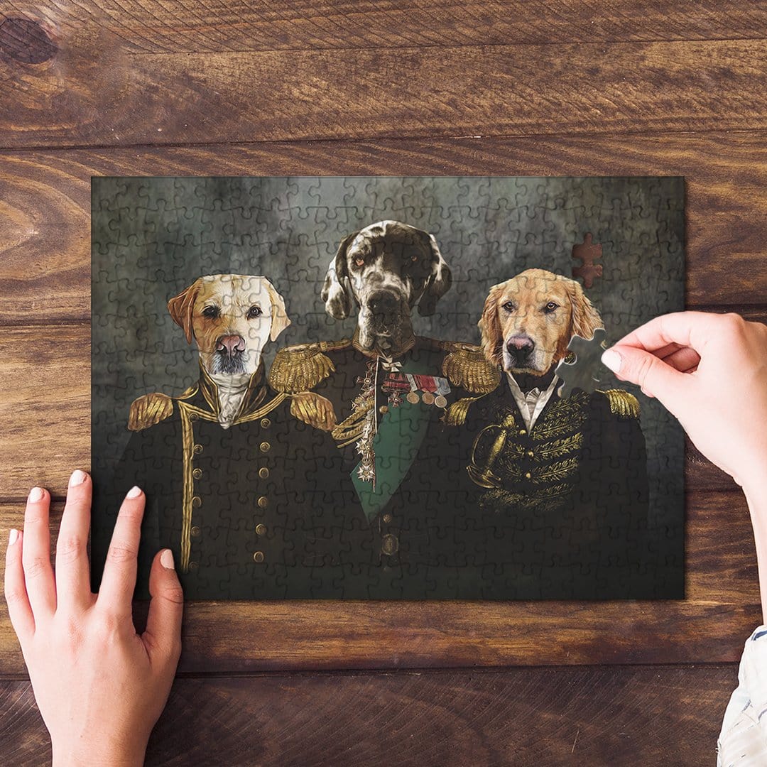 Personalized 3-pet puzzle featuring dogs in Renaissance royal military portraits.