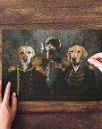 Personalized 3-pet puzzle featuring dogs in Renaissance royal military portraits.