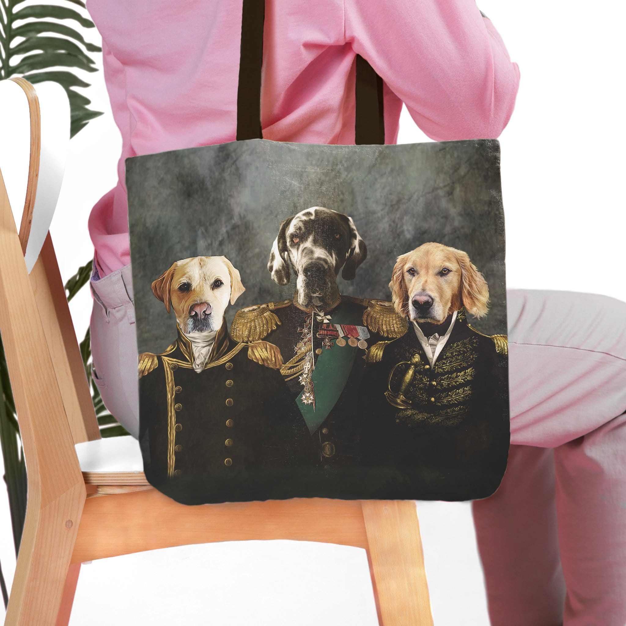 Personalized 3-pet tote bag featuring custom renaissance-style portraits of a Labrador, German Shorthaired Pointer, and Golden Retriever.
