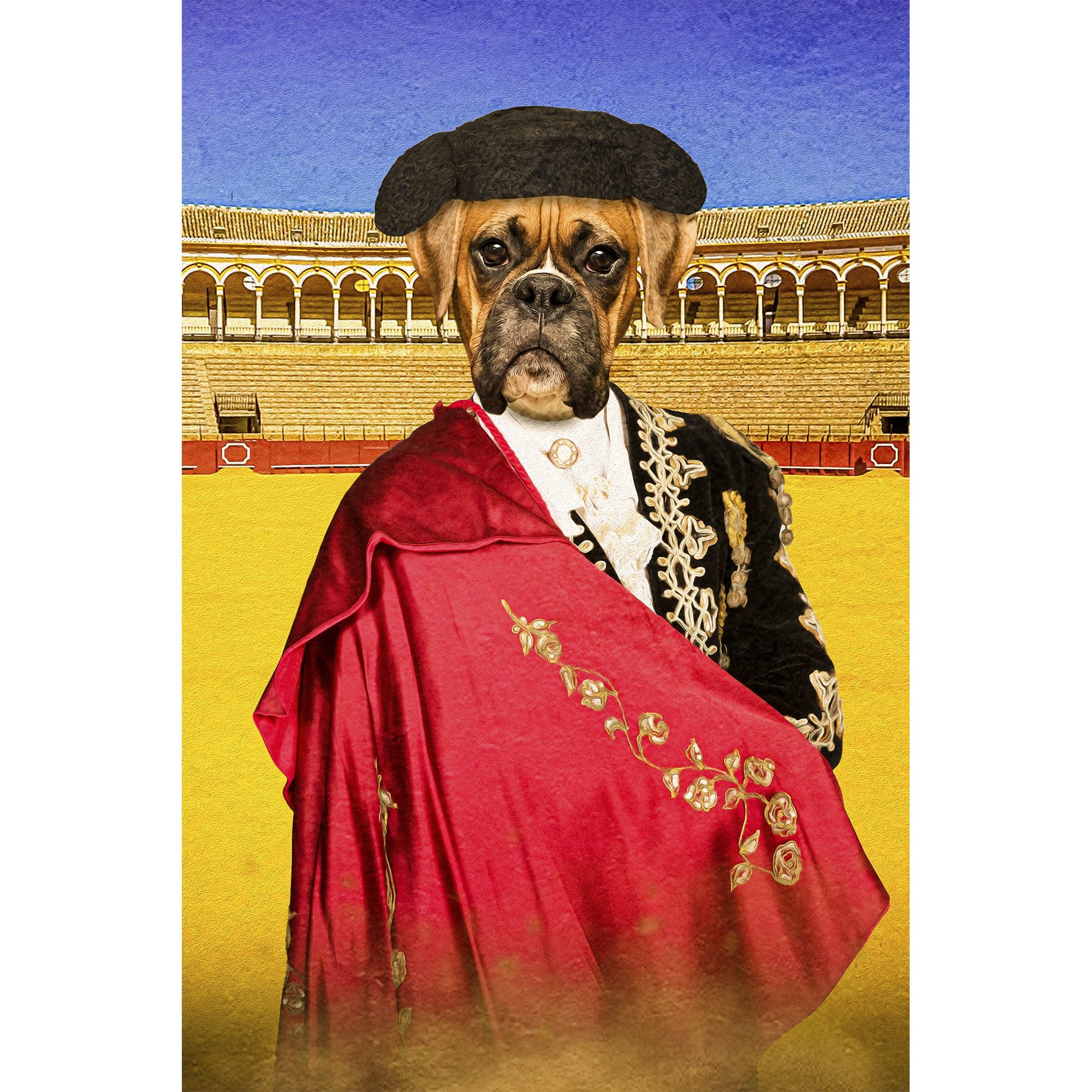 Personalized Bull Fighter digital portrait featuring a boxer dog in matador attire.
