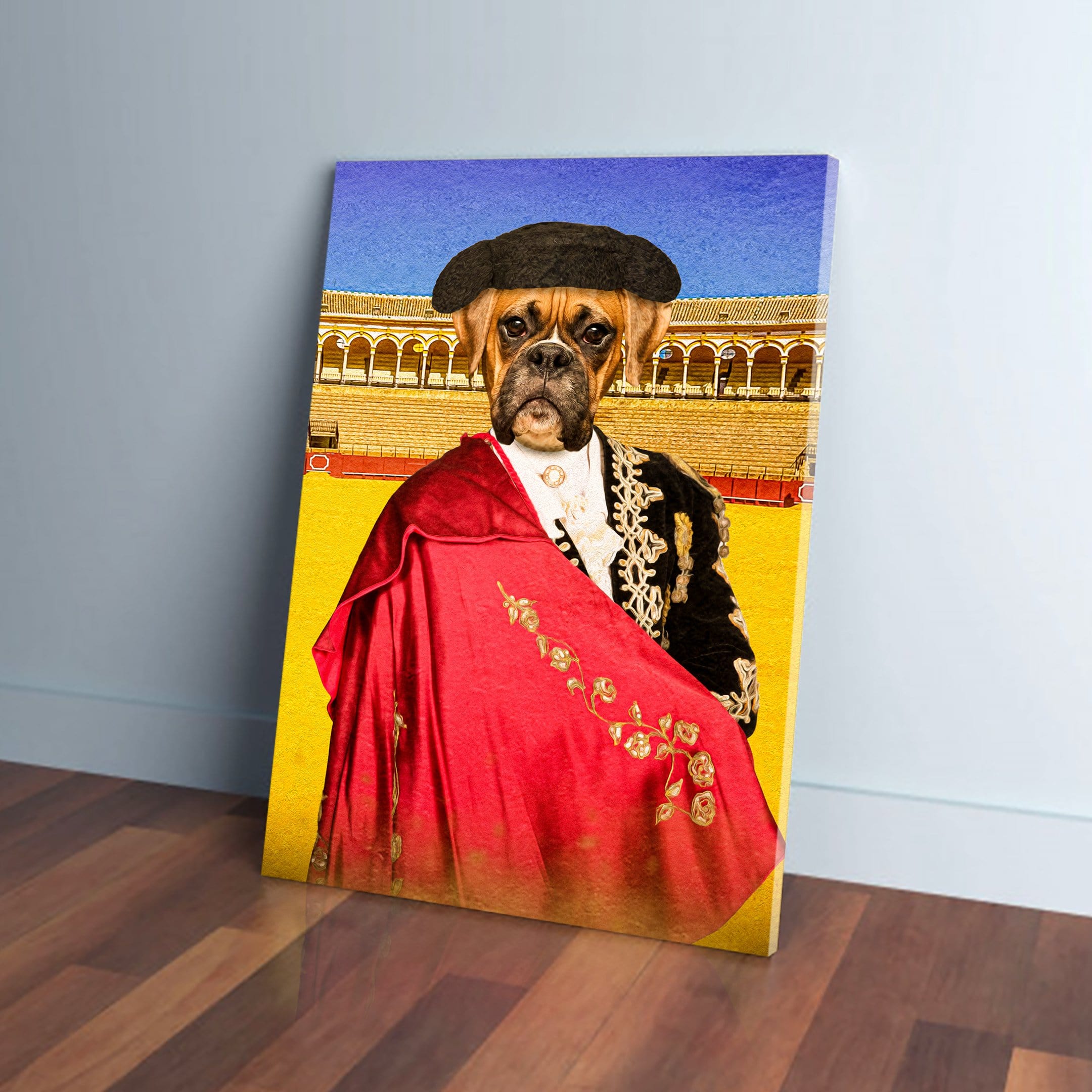 Personalized Boxer dog canvas in a bullfighter costume with a red cape, black hat, and ornate jacket.