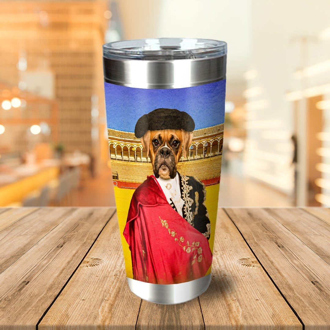 Personalized stainless steel tumbler with a Boxer dog in a matador costume against a bullring background.