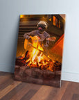 Personalized pet canvas featuring a pug playing guitar by a campfire, leaning on a white wall.