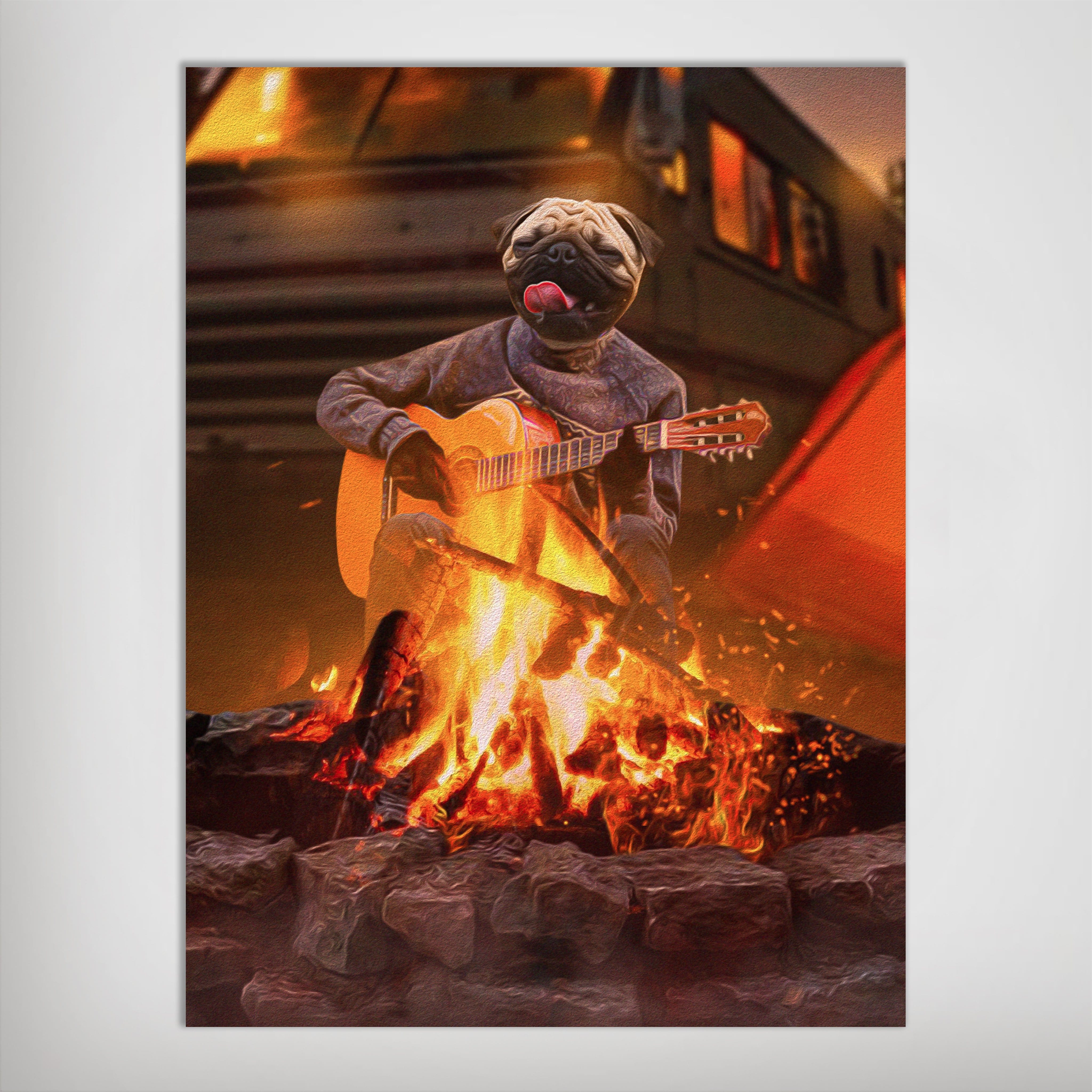 Personalized matte poster featuring a pug playing guitar by a campfire with a camper and tent.