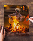 Personalized pet puzzle featuring a pug playing guitar by a campfire, with hands assembling it.