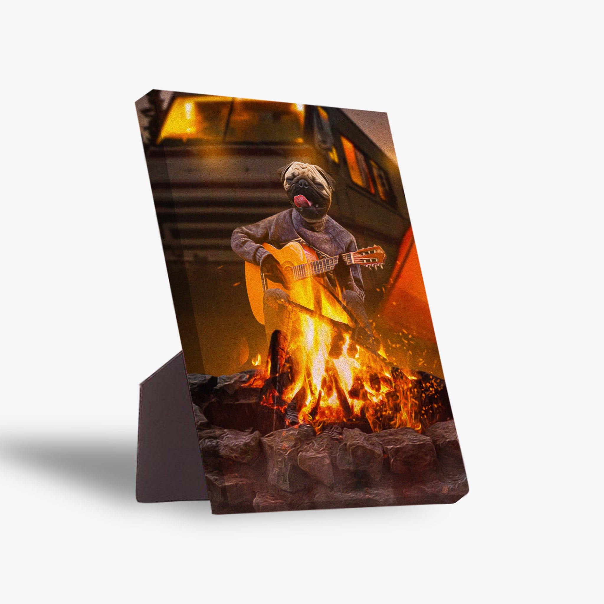 Personalized pet standing canvas featuring a pug playing guitar by a campfire, with a camper in the background.
