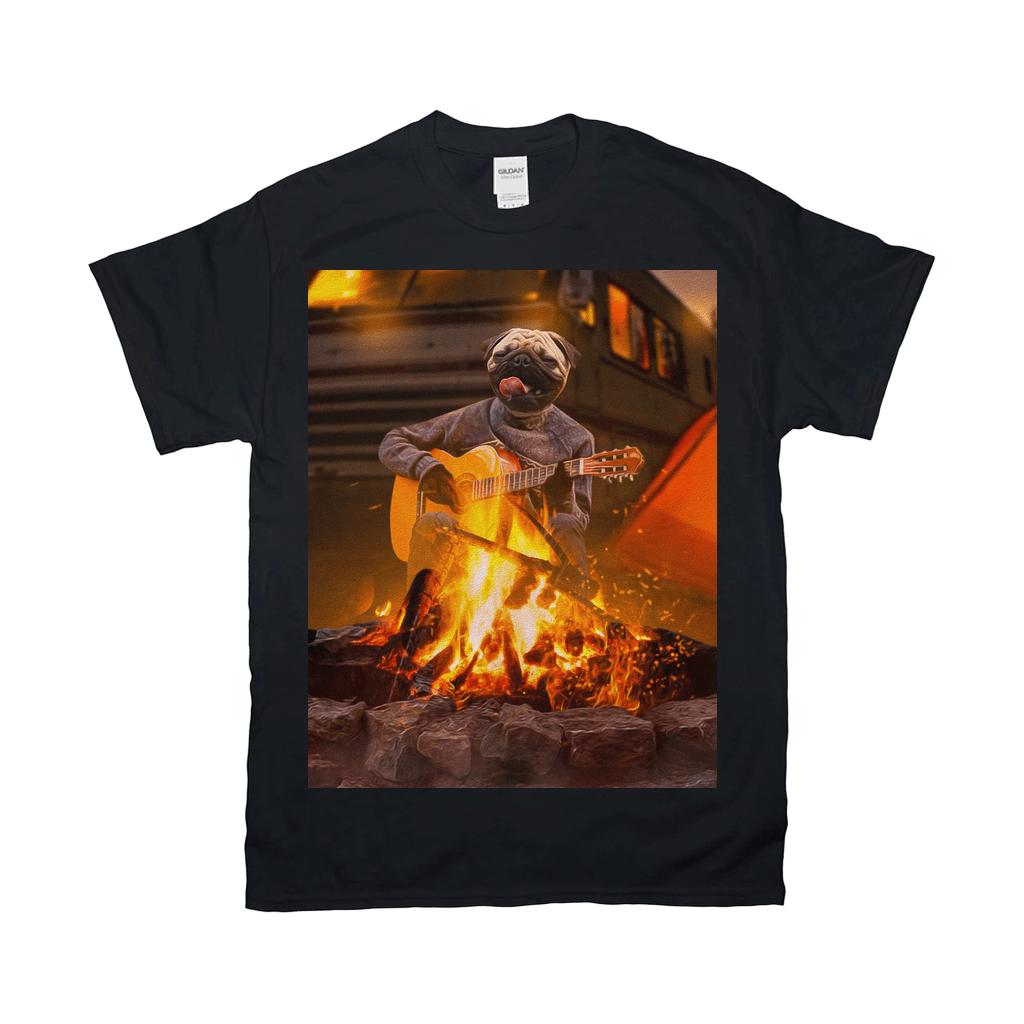 Black Gildan t-shirt with a pug playing guitar by a campfire design.