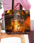 Personalized pet portrait tote bag featuring a pug playing guitar by a campfire.