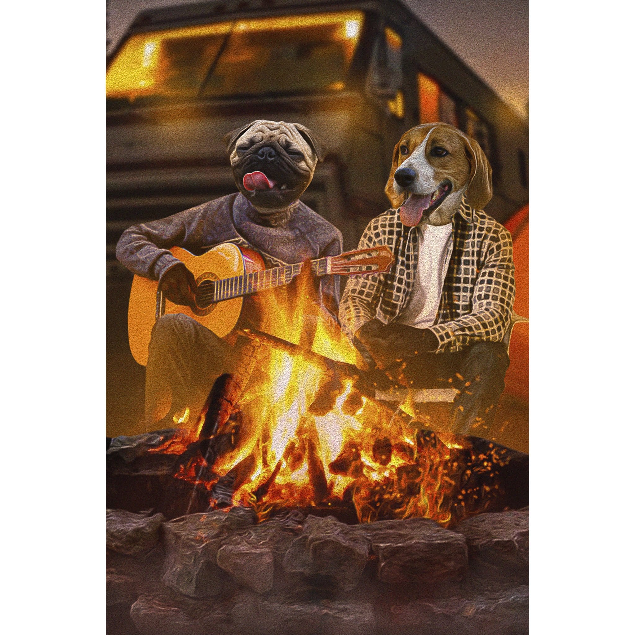 Custom digital portrait of a pug playing guitar and a beagle by a campfire.