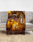 Personalized minky blanket with two pet portraits, a pug playing guitar and a beagle by a campfire.