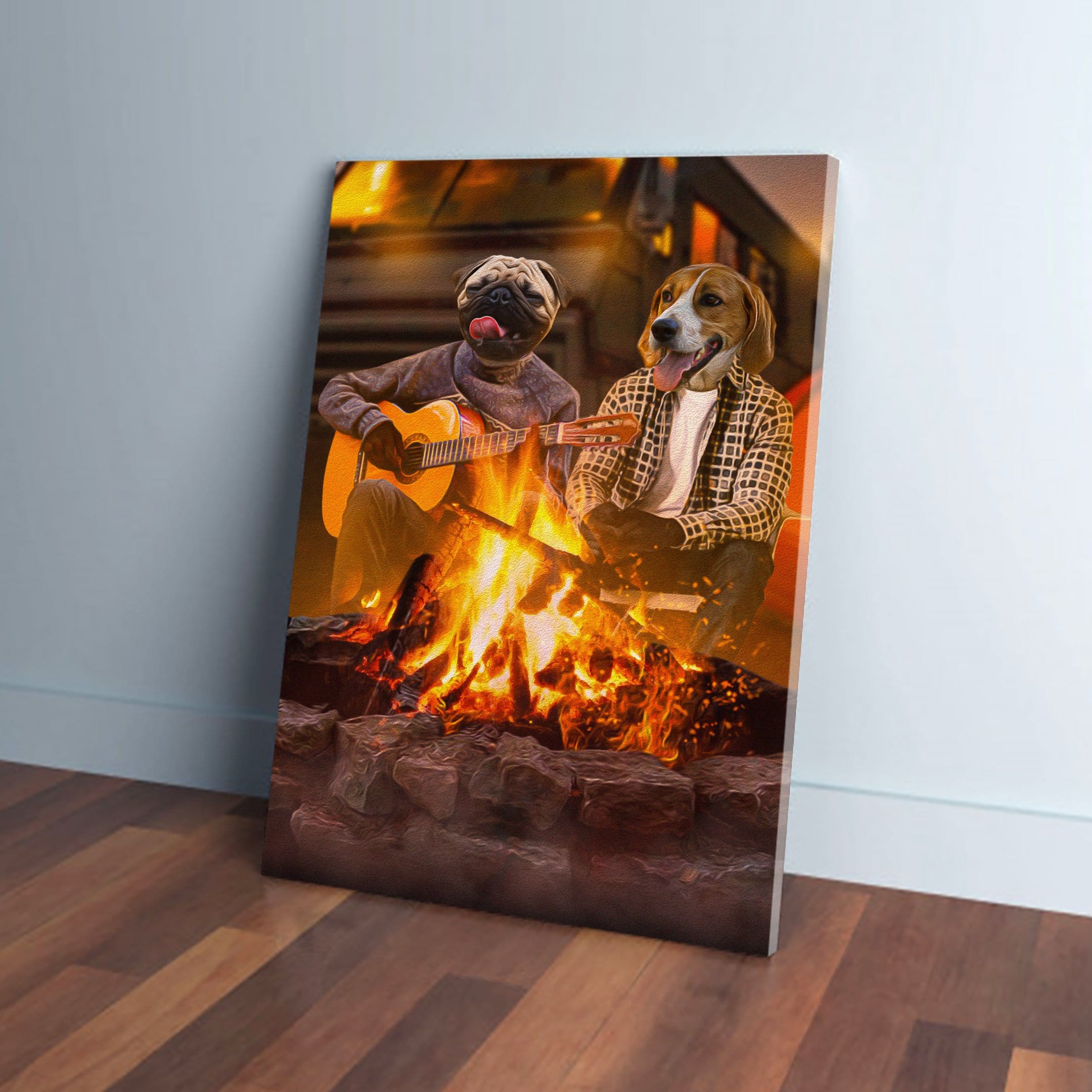 Personalized canvas of a pug playing guitar and a beagle by a campfire.
