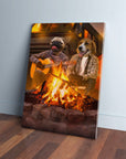 Personalized canvas of a pug playing guitar and a beagle by a campfire.