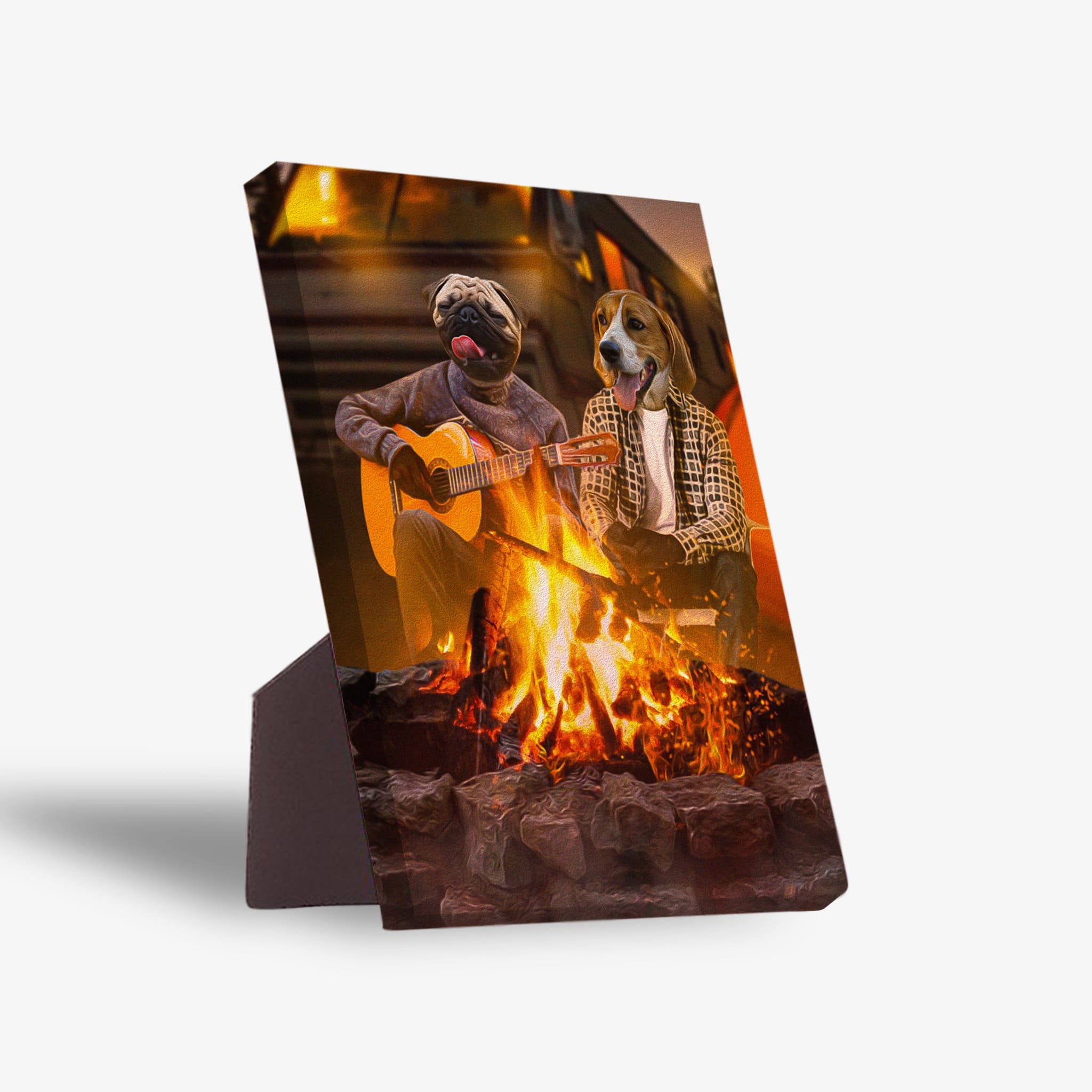 Personalized 2-pet standing canvas featuring a pug playing guitar and a beagle by a campfire.