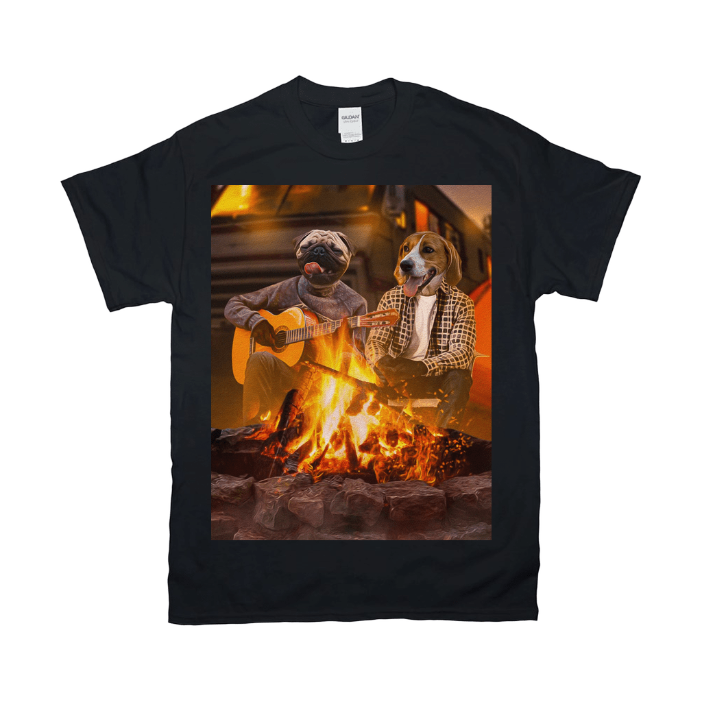 Black Gildan t-shirt with two dogs, a pug and a beagle, camping by a campfire, one playing guitar.
