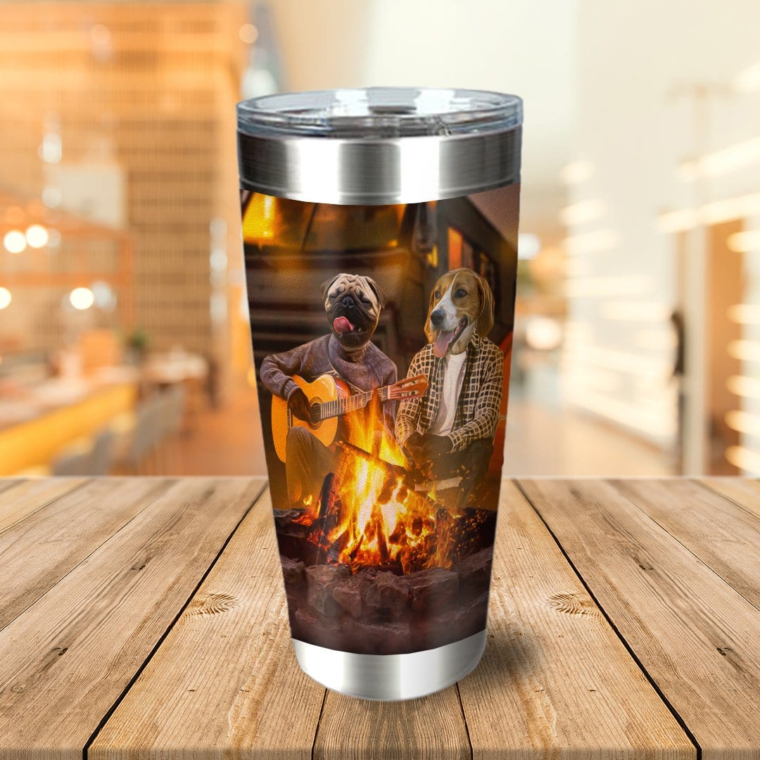 Personalized stainless steel tumbler with custom pet portrait of two dogs camping by a fire, one playing guitar.