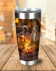 Personalized stainless steel tumbler with custom pet portrait of two dogs camping by a fire, one playing guitar.