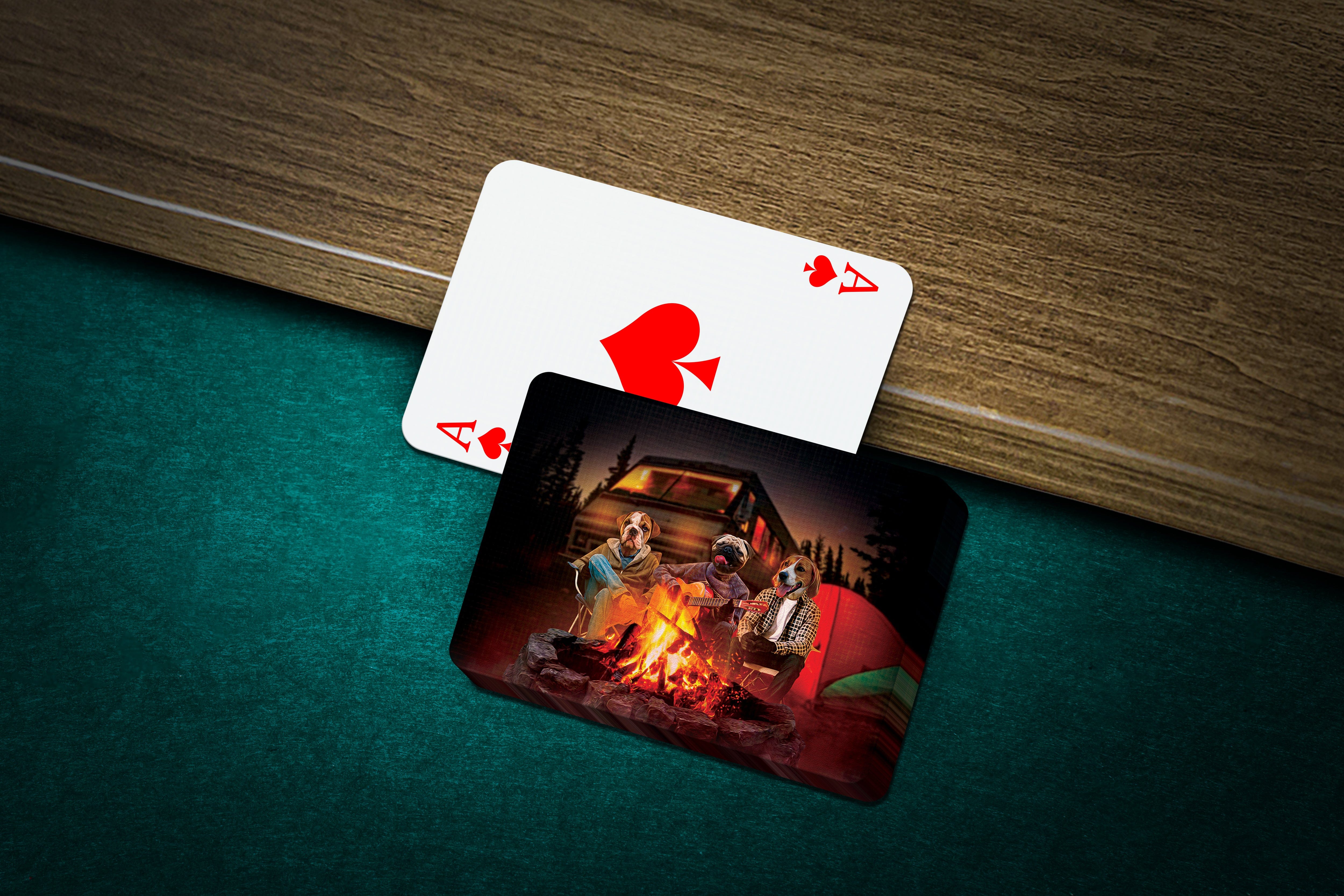 Personalized playing cards featuring three pets camping around a bonfire, with a standard Ace of Spades card.