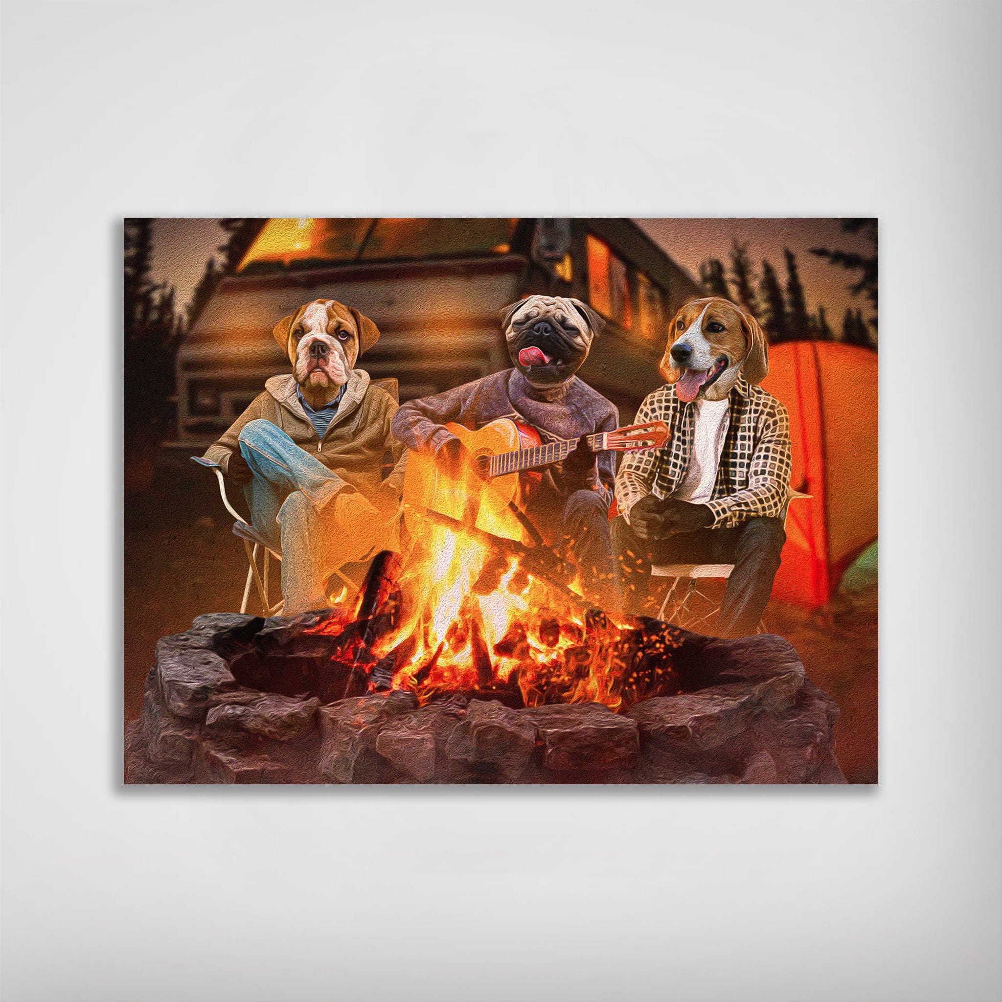 Personalized 3-pet "The Campers" poster featuring dogs around a campfire with a tent and RV.