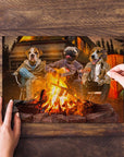 Personalized 3-pet puzzle featuring dogs camping around a campfire, one playing guitar.