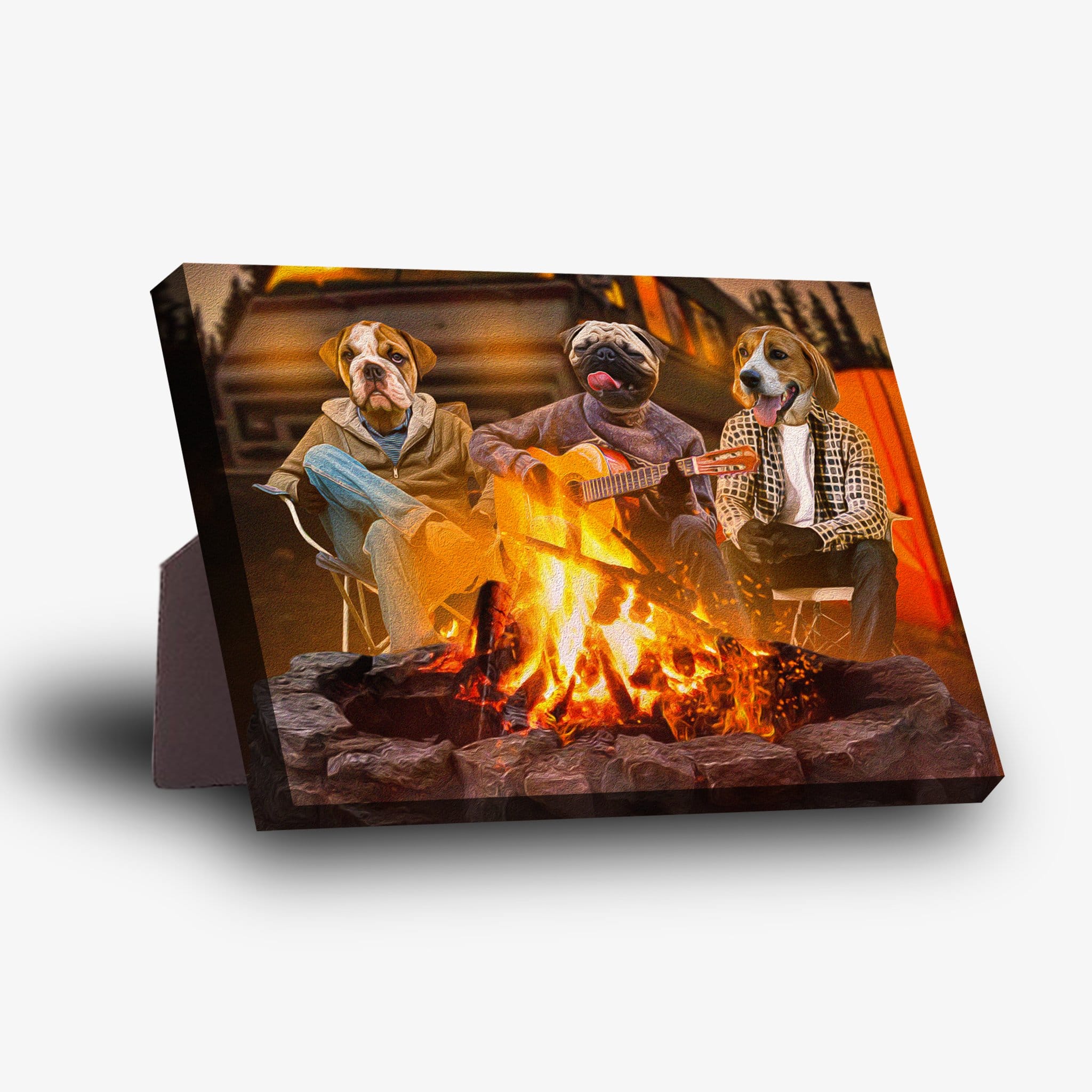 Personalized 3-pet standing canvas featuring dogs camping around a campfire, with one playing guitar.