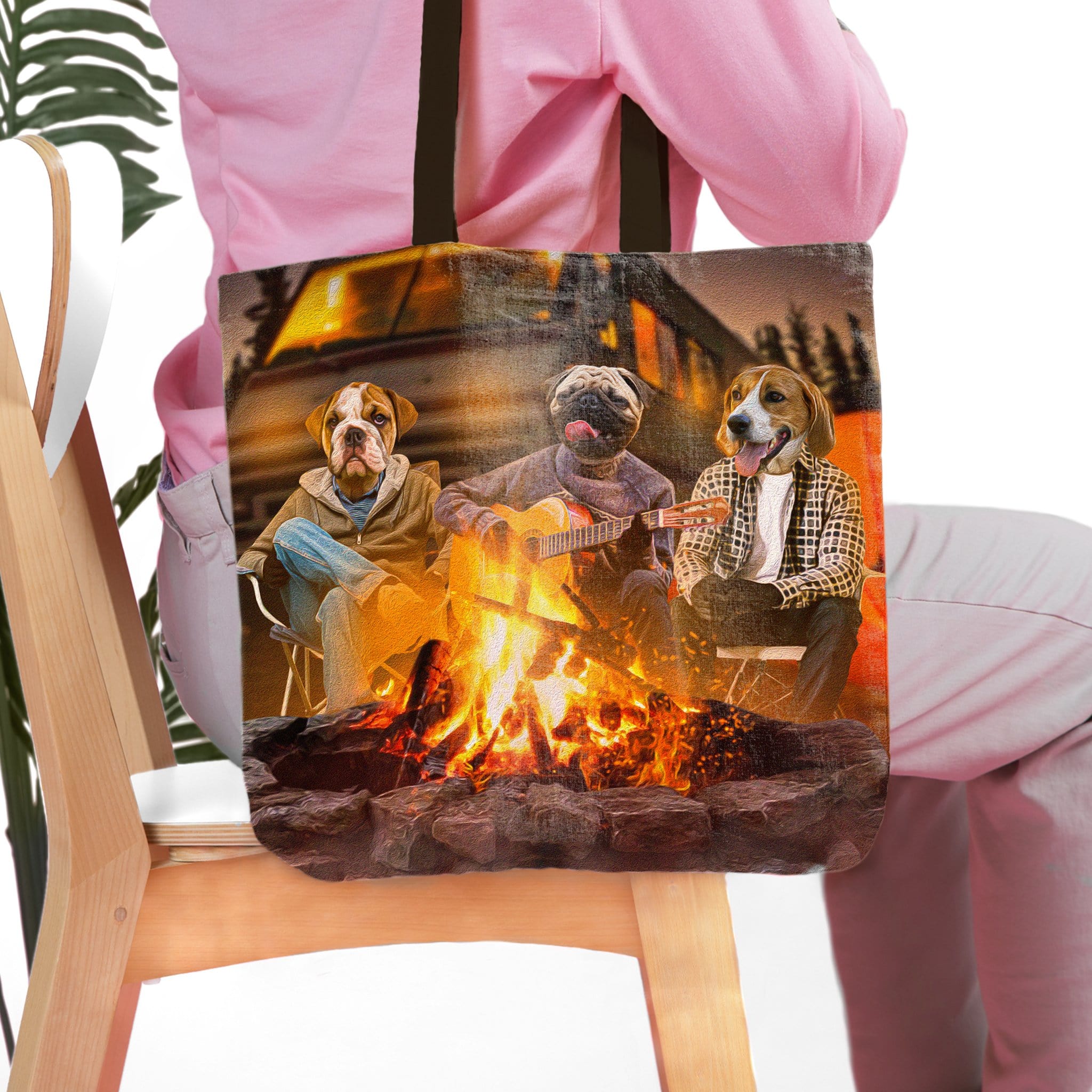 Personalized 3-pet tote bag with dogs in "The Campers" portrait style around a campfire.