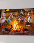 Personalized canvas of four pets with human bodies camping around a campfire, one playing guitar.