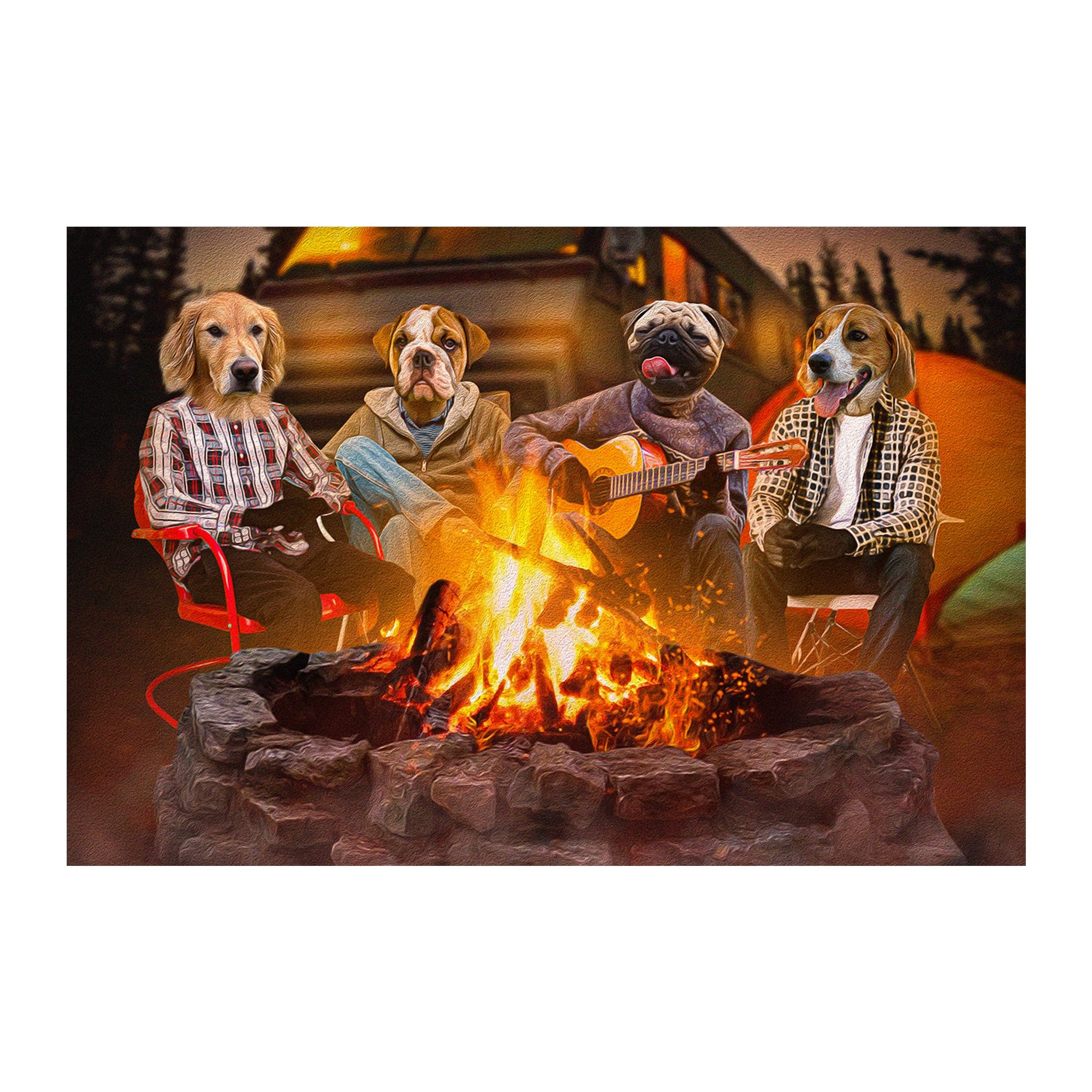 Personalized digital portrait of four pets as campers around a campfire.