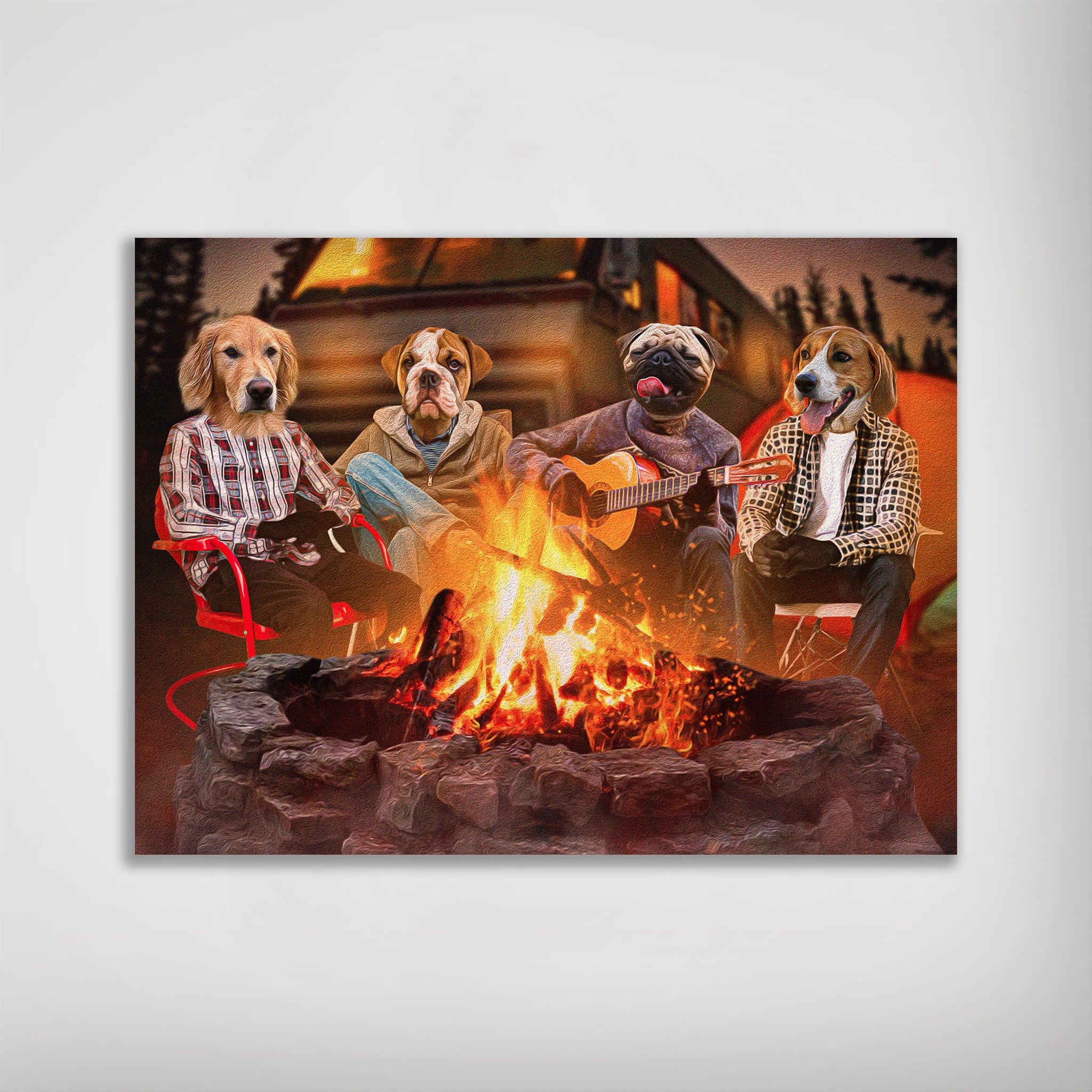 Personalized 'The Campers' poster featuring four pets as campers around a campfire.
