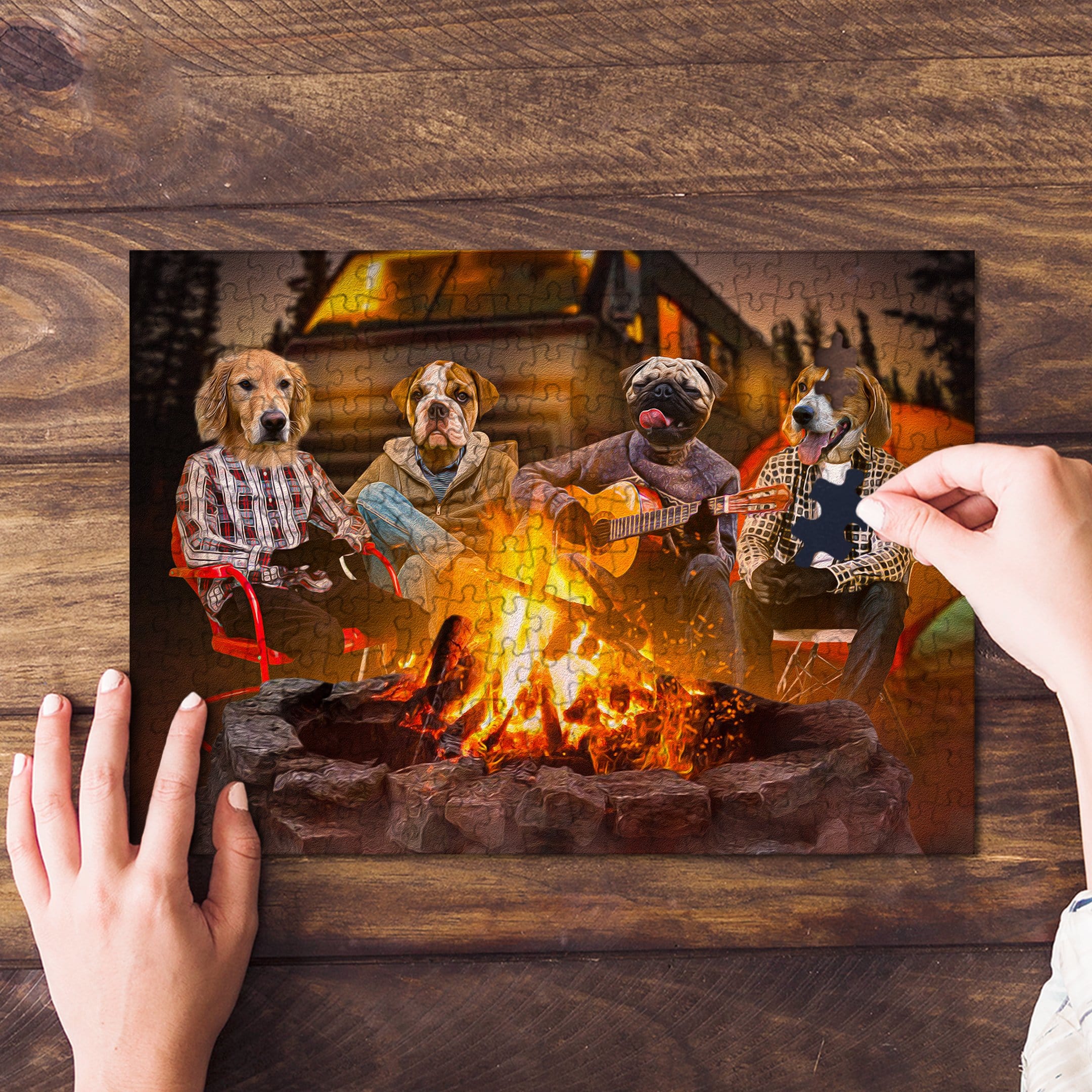 Personalized 4-pet puzzle featuring dogs camping around a campfire, one playing guitar.