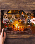 Personalized 4-pet puzzle featuring dogs camping around a campfire, one playing guitar.