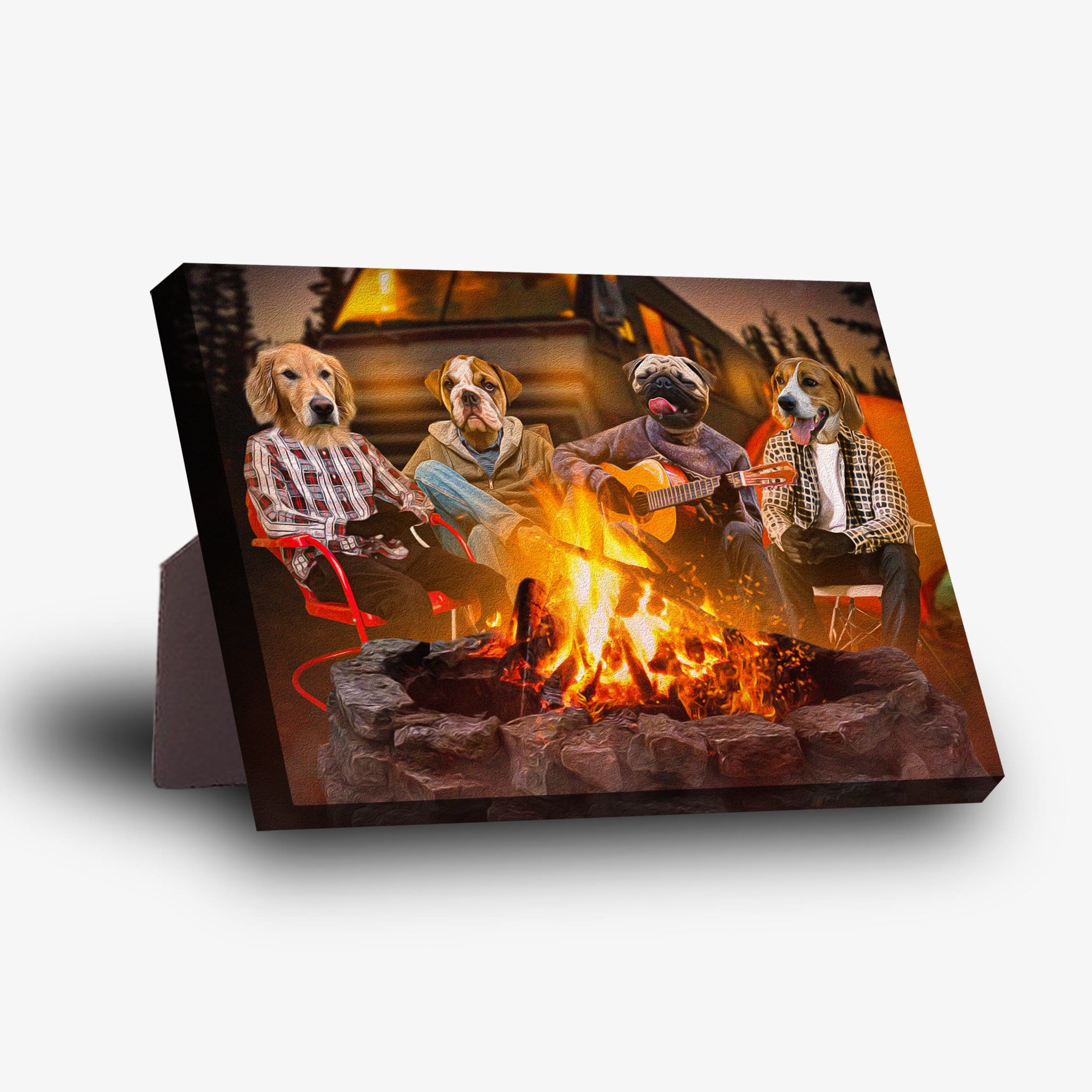 Personalized standing canvas featuring four pets as campers around a campfire, with a sturdy stand.