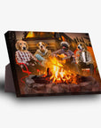 Personalized standing canvas featuring four pets as campers around a campfire, with a sturdy stand.