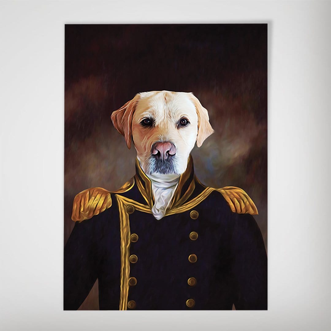 Personalized "The Captain" dog portrait poster featuring a golden retriever in a dark blue naval uniform with gold epaulets.