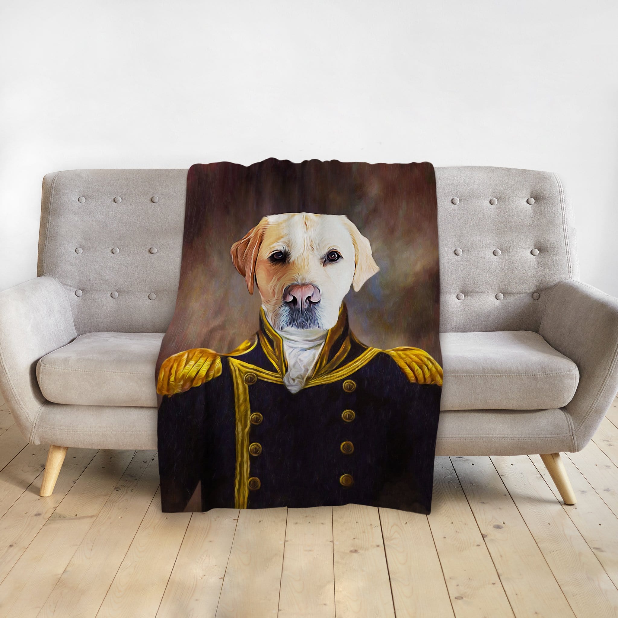Custom personalized pet blanket with a yellow lab dog in a renaissance captain's uniform.