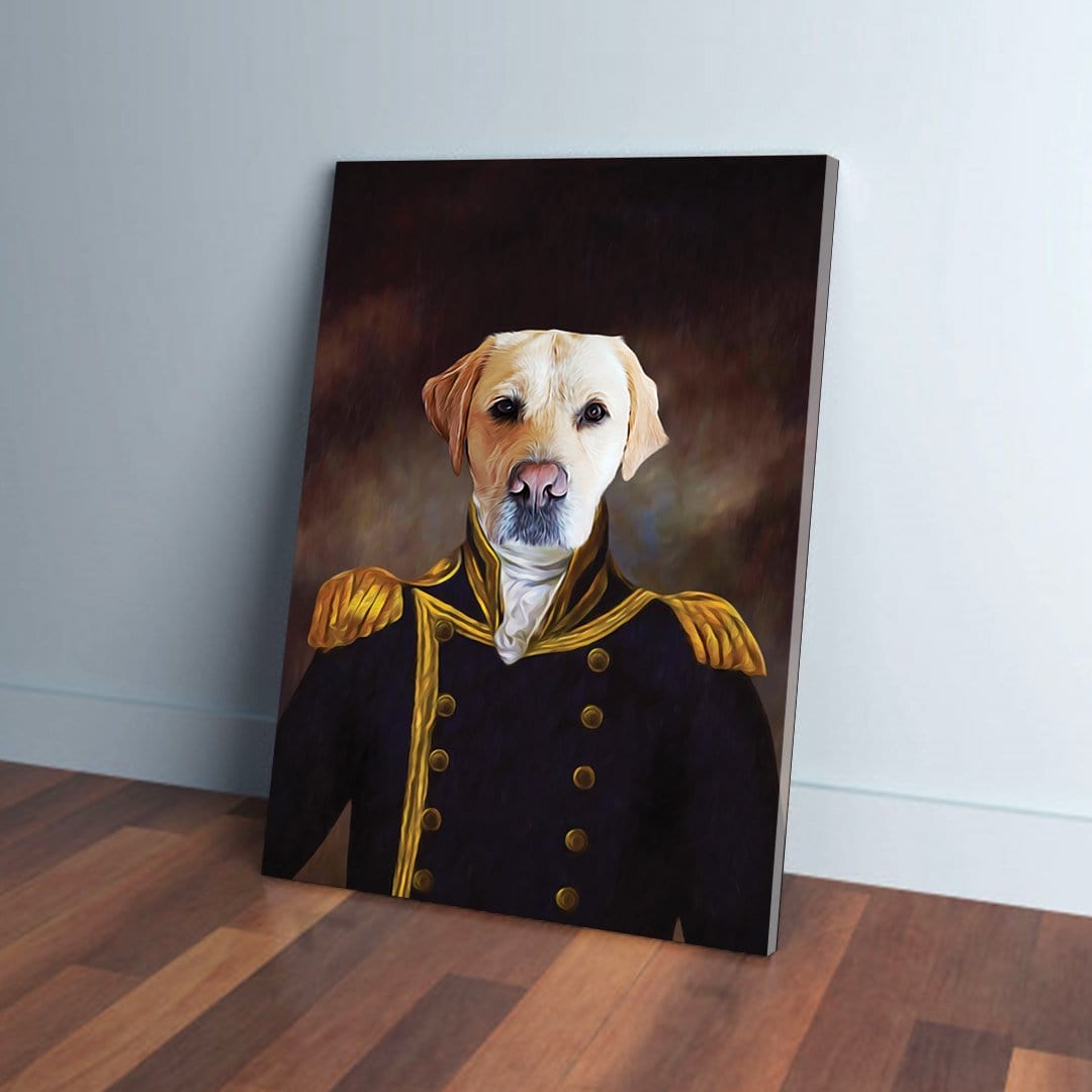 Personalized pet canvas featuring a yellow lab in a dark blue "Captain" uniform with gold epaulets.
