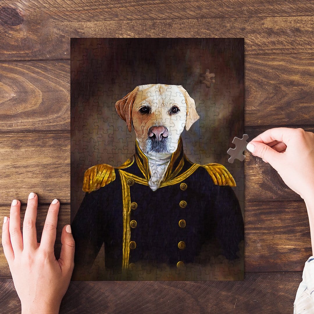 Personalized pet puzzle featuring a yellow Labrador in a custom Captain's uniform portrait.