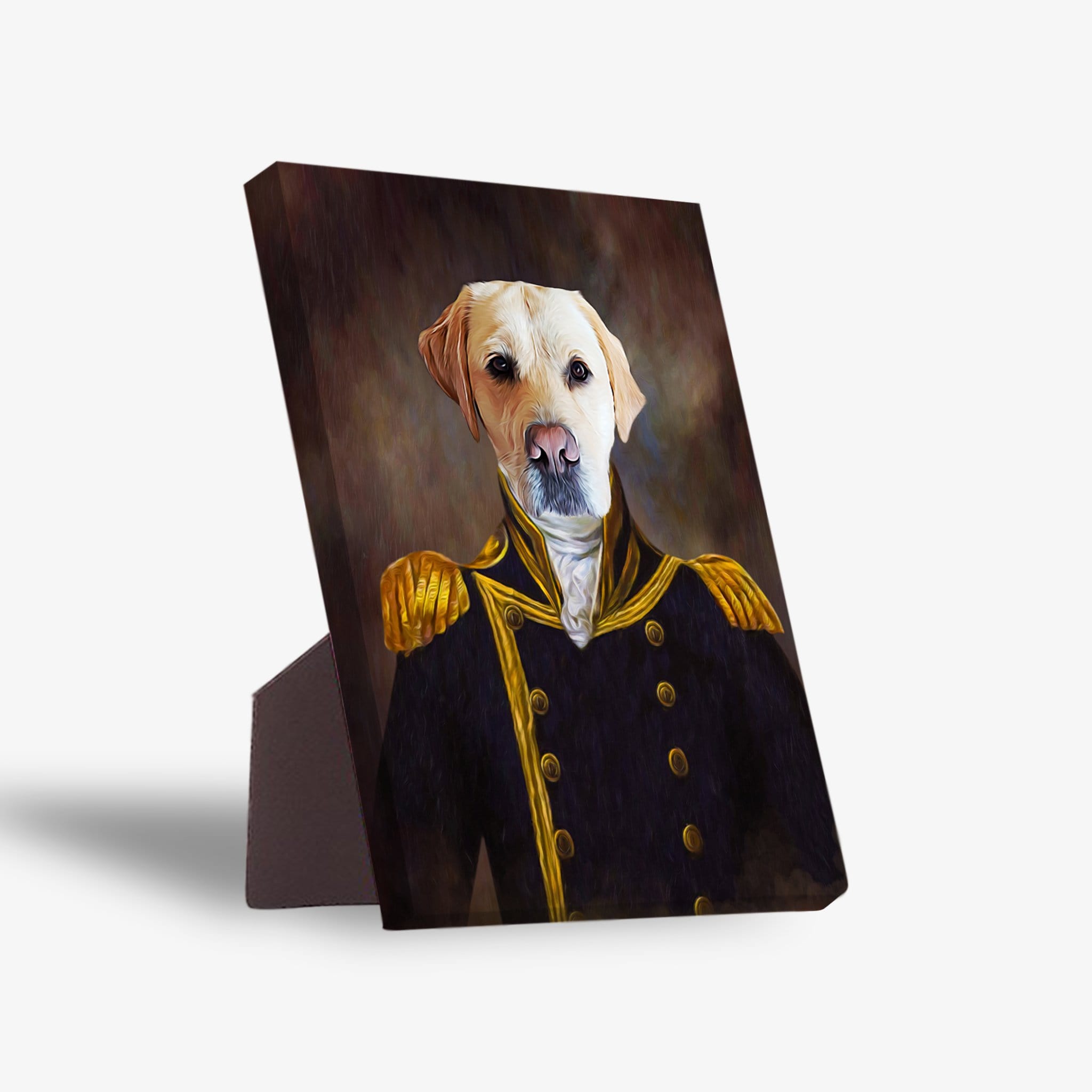 Personalized pet standing canvas featuring a yellow lab in a navy blue "Captain" uniform with gold accents.