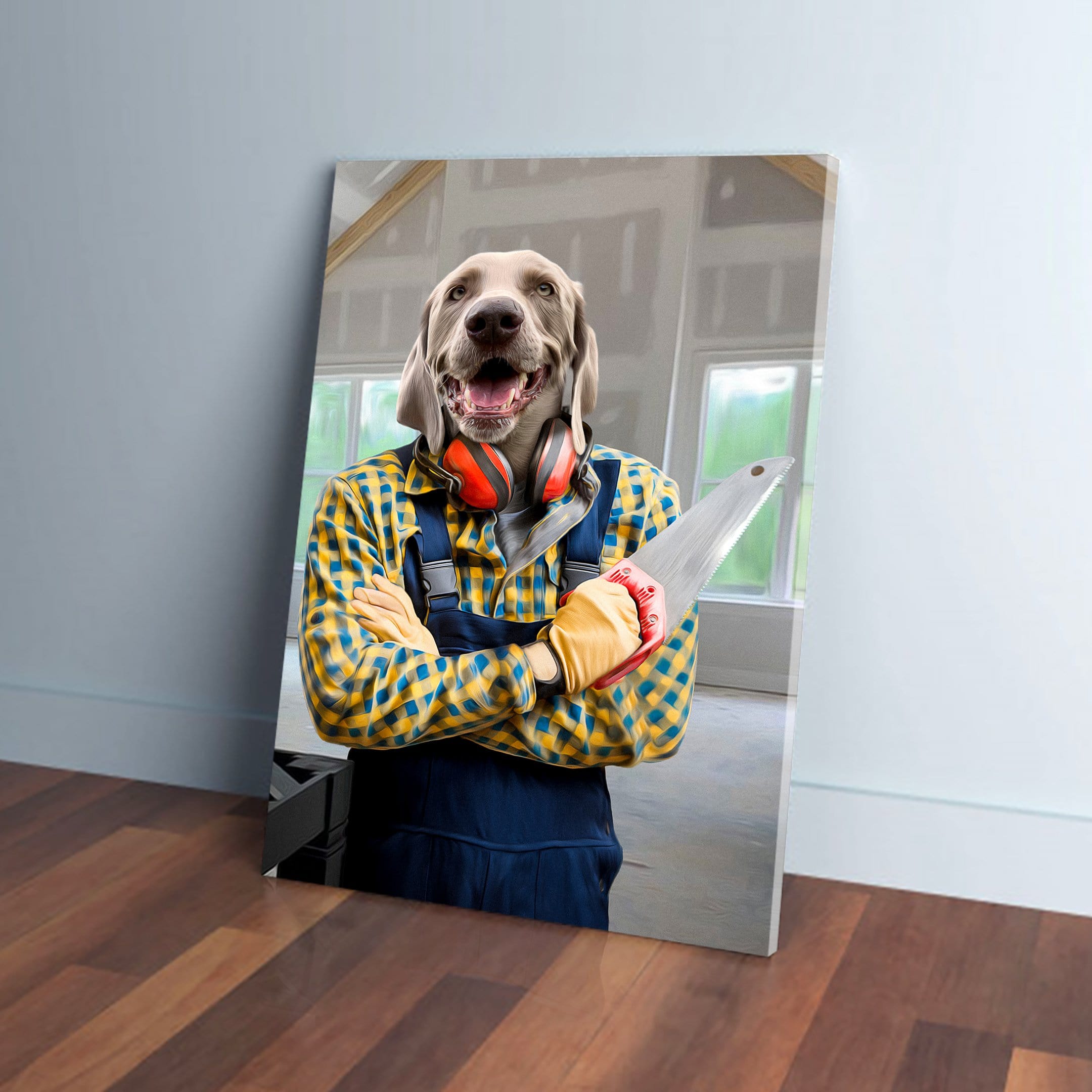 Personalized pet canvas featuring a dog in a carpenter's plaid shirt, blue overalls, and orange ear protection, holding a saw.