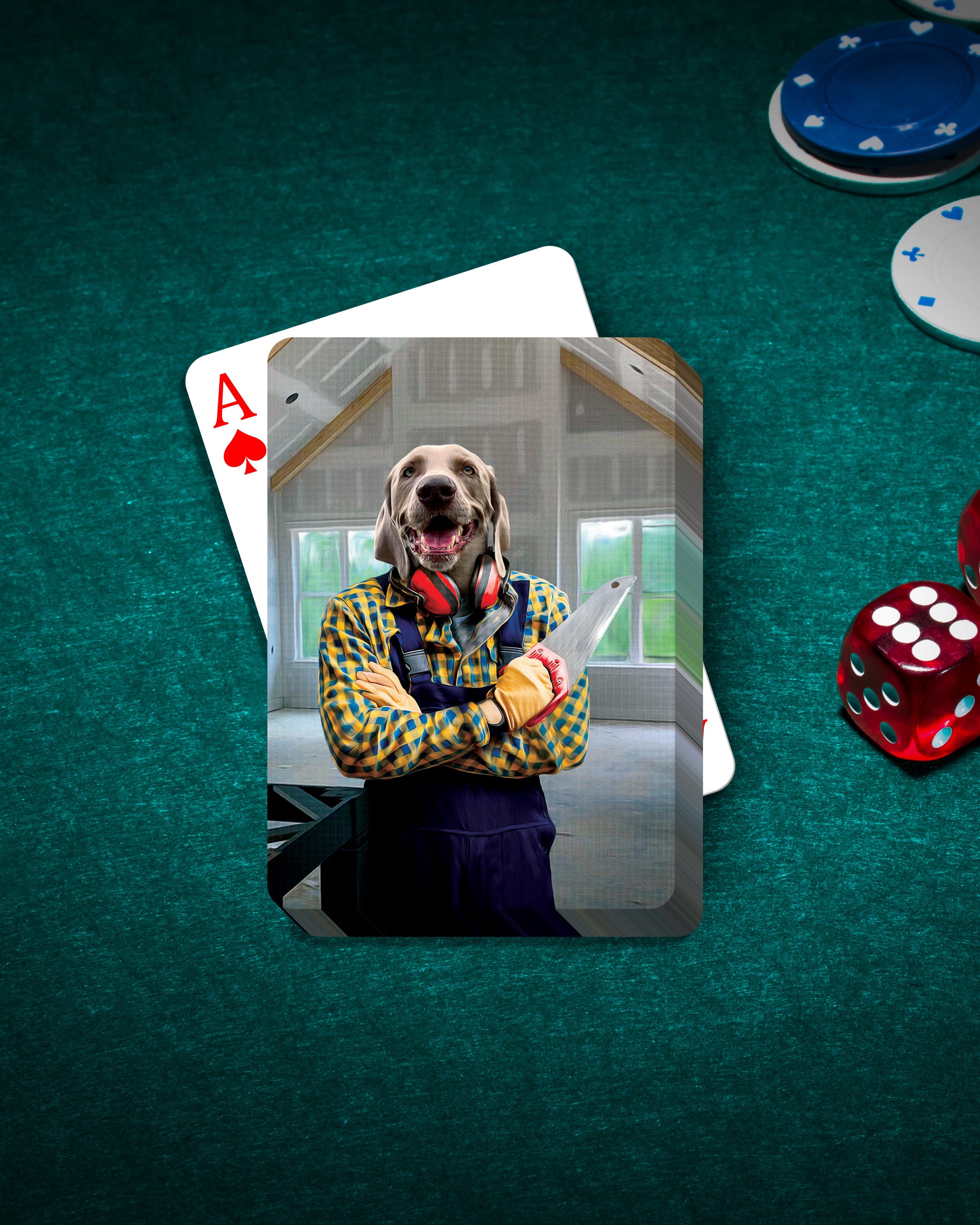Personalized playing card featuring a dog in a carpenter's outfit, on a green felt table with chips and dice.