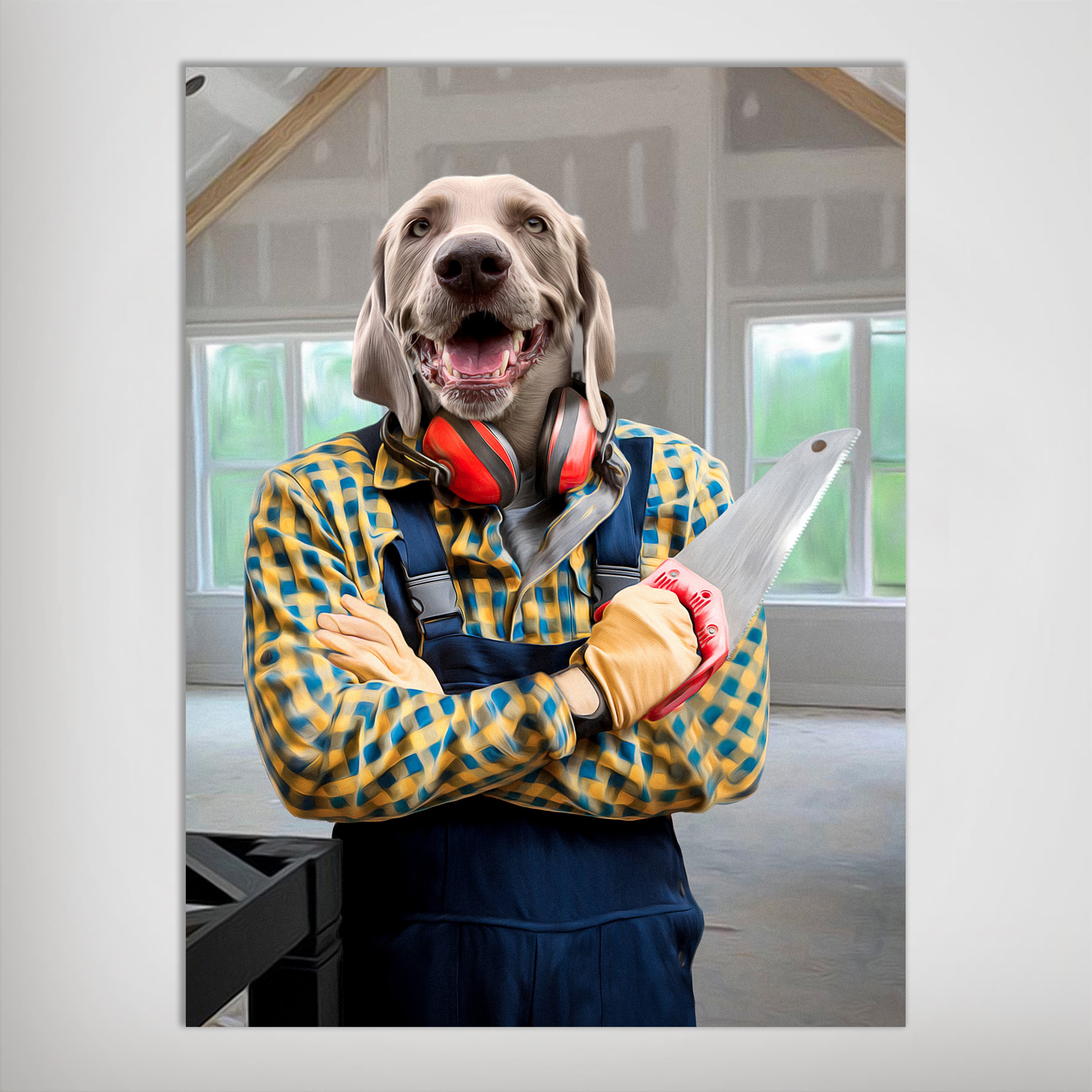 Personalized pet poster featuring a Weimaraner dog as a carpenter in blue overalls and a yellow plaid shirt, holding a saw.