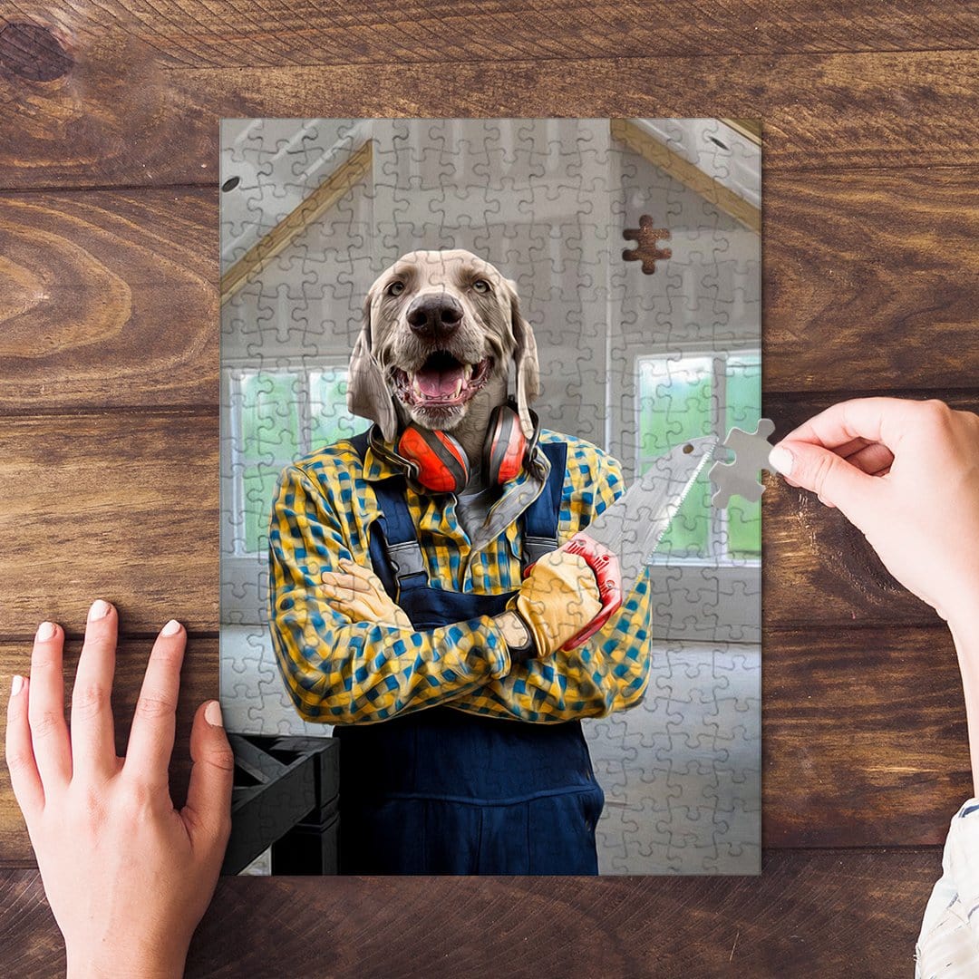 Personalized pet puzzle featuring a Weimaraner dog in a carpenter outfit with orange headphones.