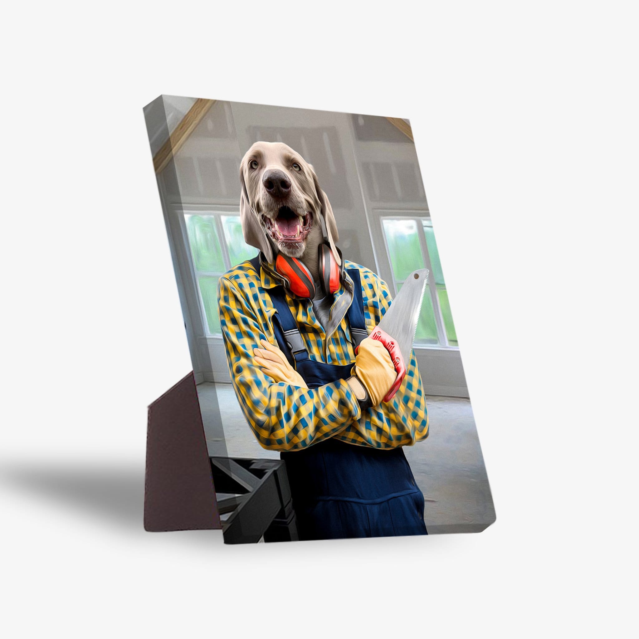Personalized pet standing canvas featuring a Weimaraner dog as a carpenter in a blue and yellow plaid shirt.