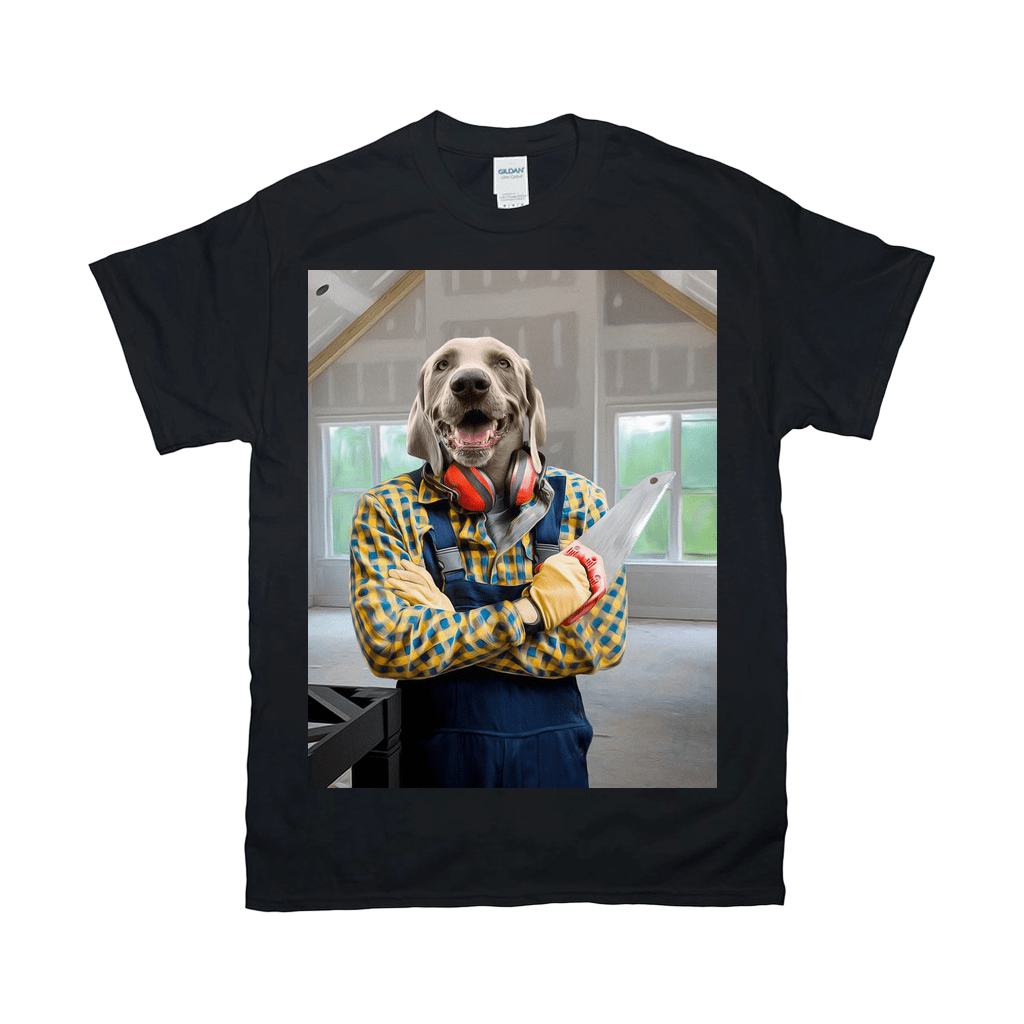 Black Gildan t-shirt featuring a personalized print of a Weimaraner dog dressed as a carpenter.