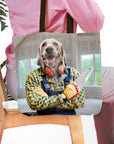 Personalized 'The Carpenter' tote bag with a custom dog portrait in a blue and yellow plaid shirt holding a saw.