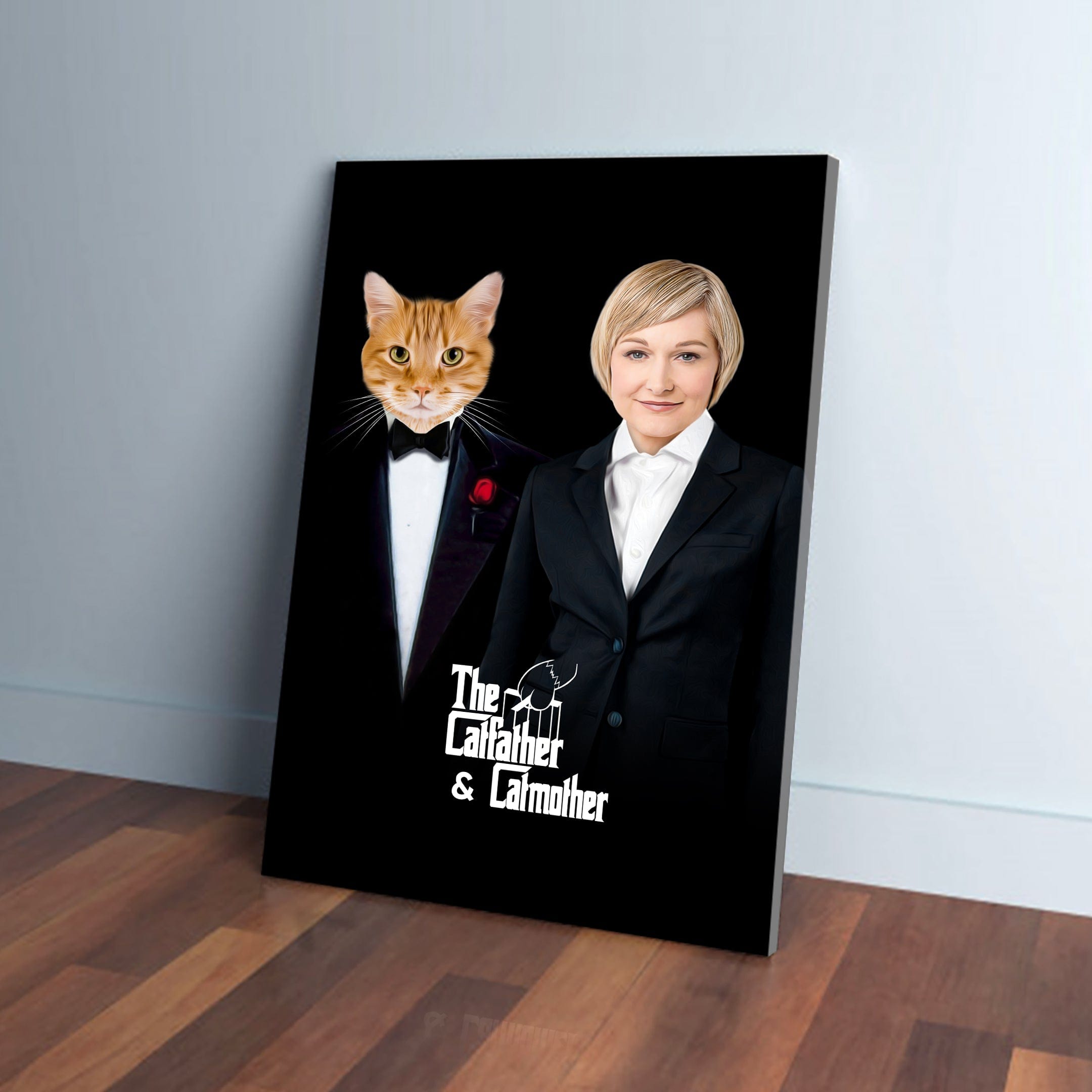Custom "The Catfather & Catmother" canvas featuring an orange cat in a tuxedo and a woman in a suit.