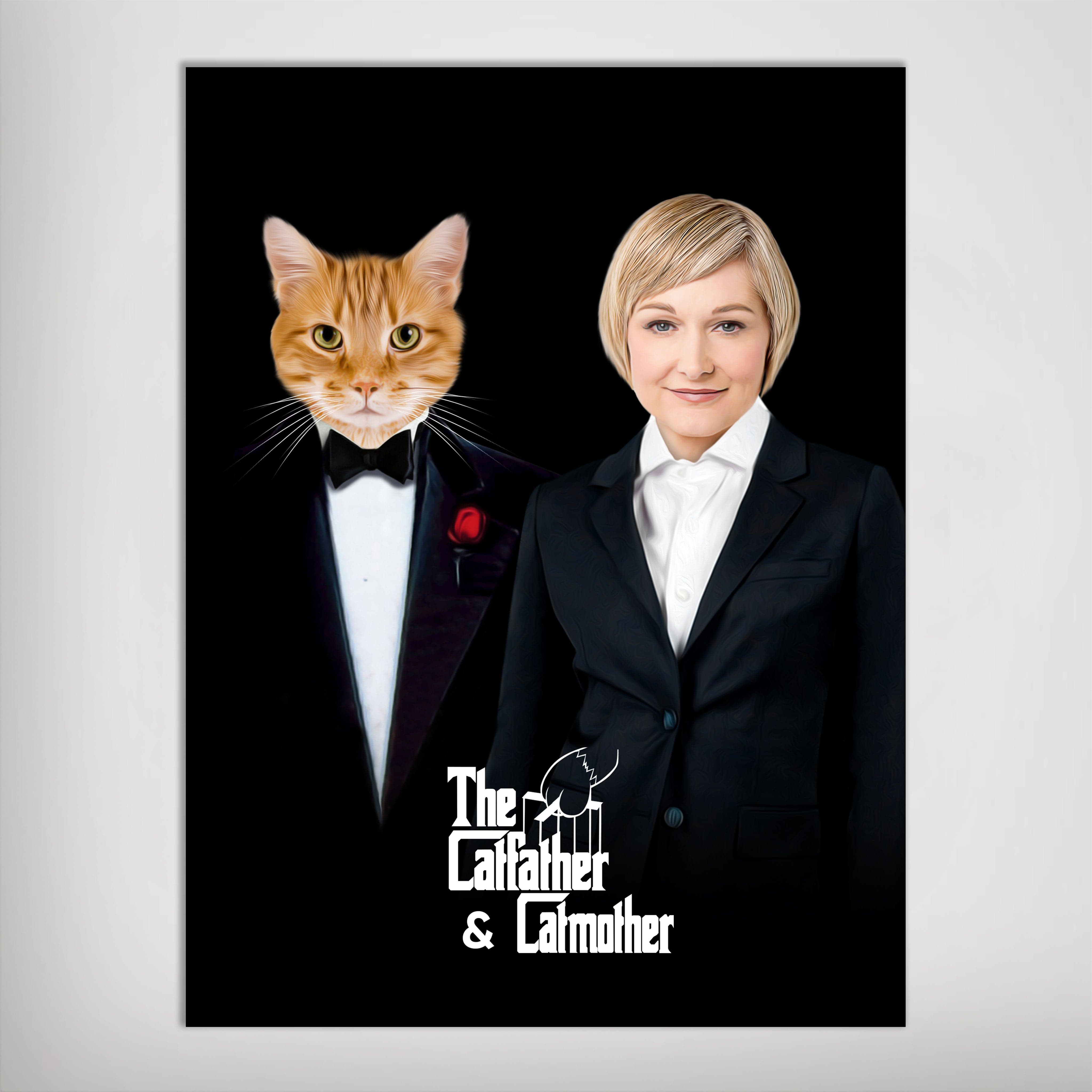 Personalized 'The Catfather &amp; Catmother' poster featuring a ginger cat in a tuxedo and a woman in a suit.