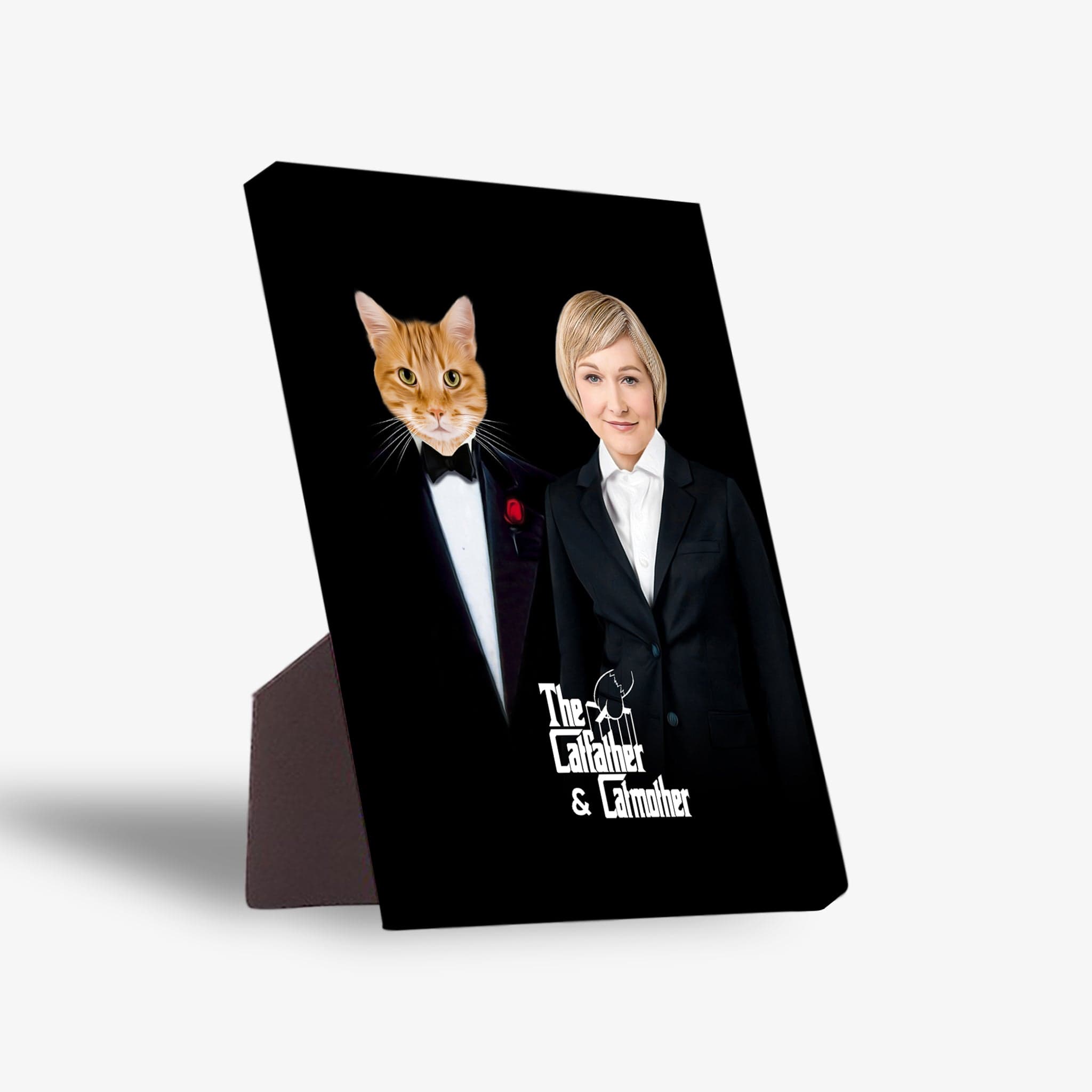 Personalized "The Catfather & Catmother" standing canvas featuring a cat in a tuxedo and a woman in a suit.