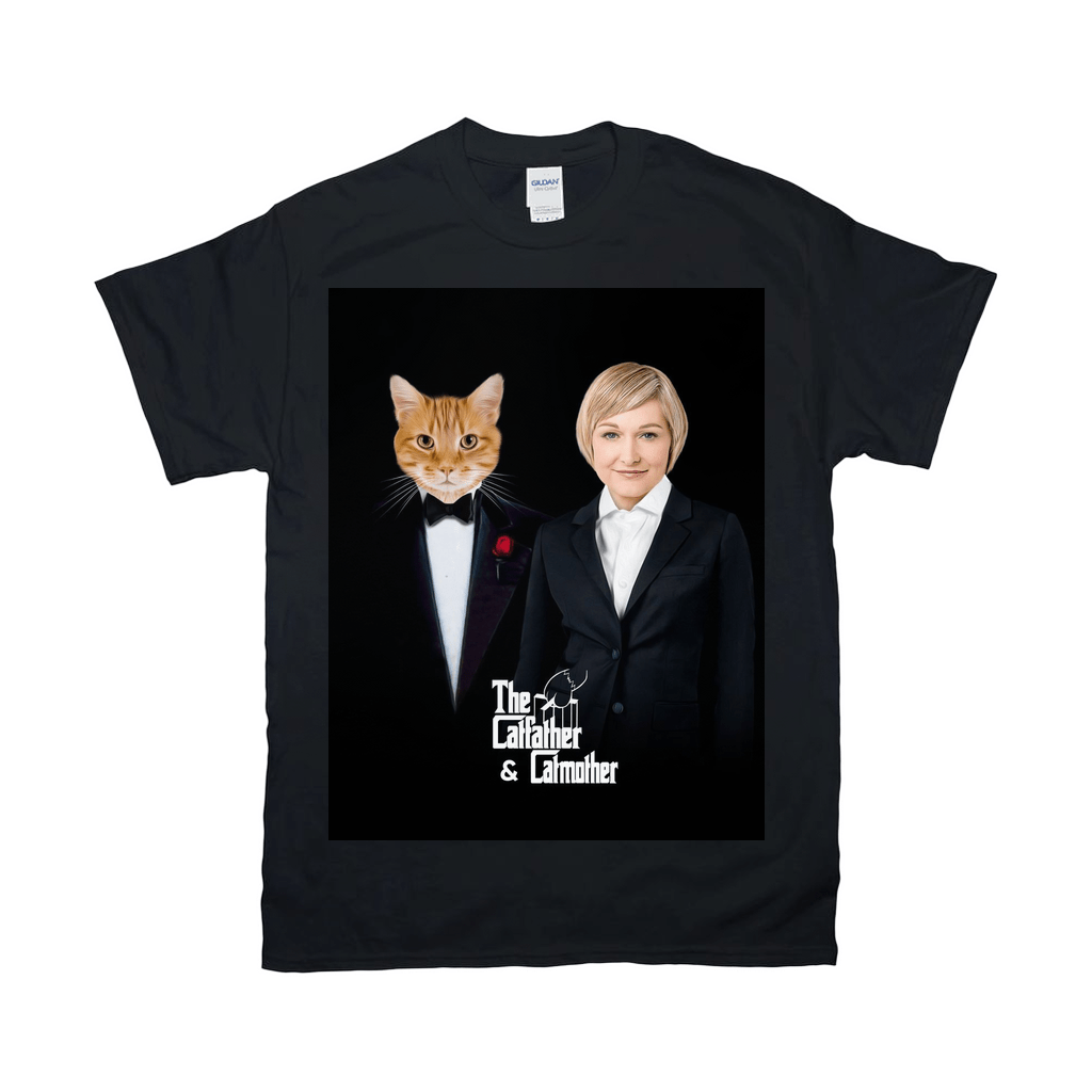 Black Gildan t-shirt with a personalized "Catfather & Catmother" design featuring a cat and woman in suits.
