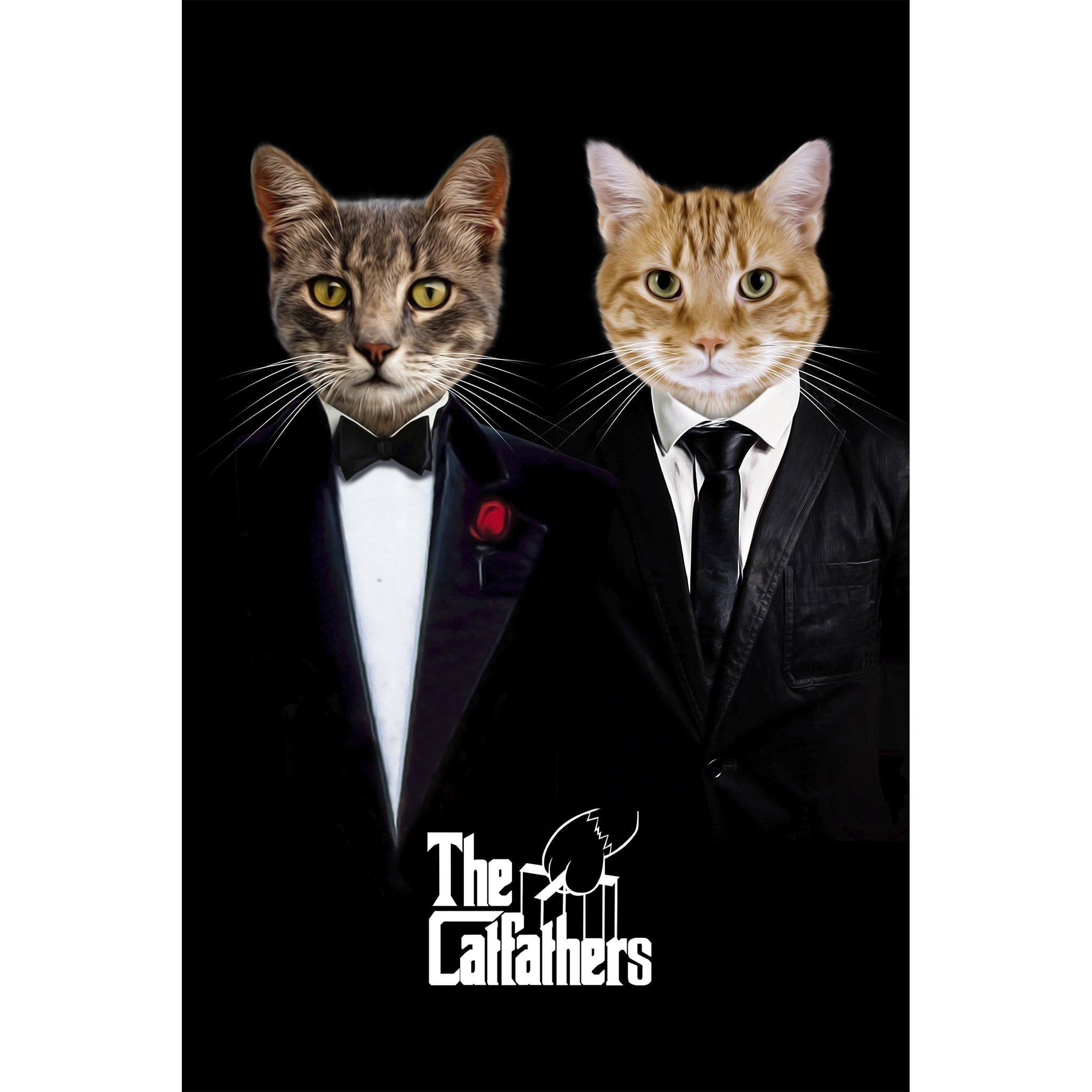 Custom digital portrait of two cats in "The Catfathers" movie poster style, wearing black suits.
